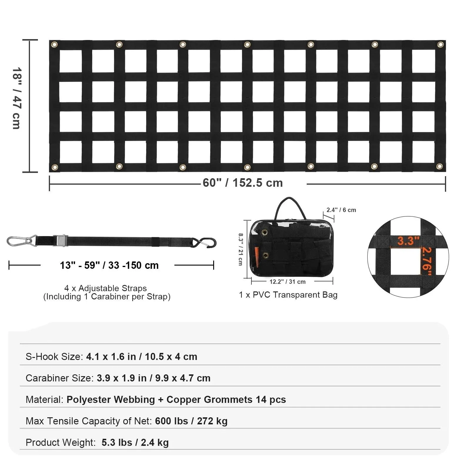 Red de Almacenamiento Red Elástica Portón Trasero Coche Organizador Almacenamiento Maletero con 4 Correas Telescópicas Red para Equipaje Remolque para Jeep SUV Red Elástica Maletero