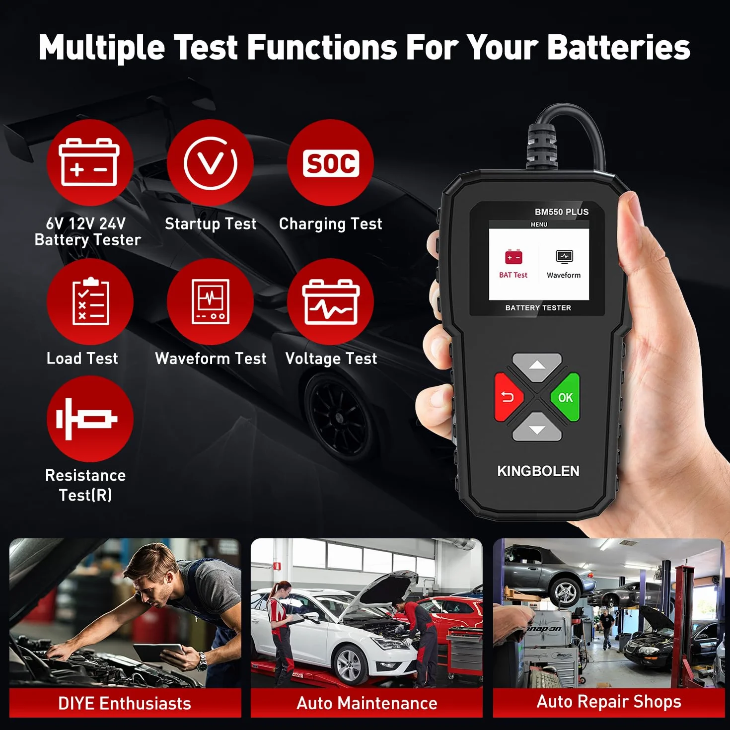 KINGBOLEN Comprobador de baterias de coche 24V/12V/6V, BM550 PLUS 2-220Ah 100-2000 CCA Pantalla LED arrancador baterias coches comprobador de pilas para coche apto para automóviles motocicleta ATV SUV