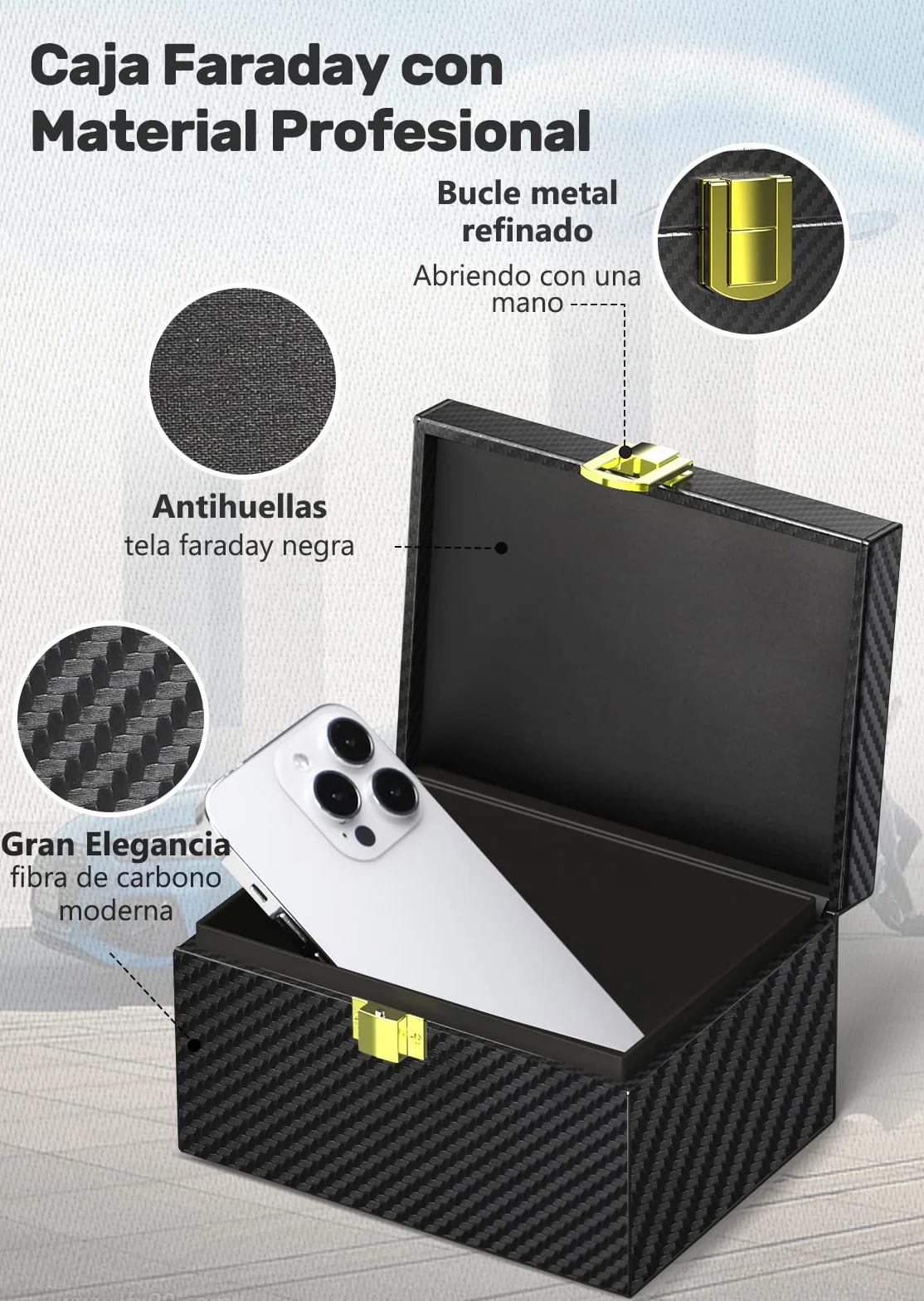 Caja Faraday Antirrobo & 2 funda Faraday para Llaves de Coche, Bloqueadora de RFID Bloqueo Señal Llaves Keyless en Cuero Fibra de Carbon Negro