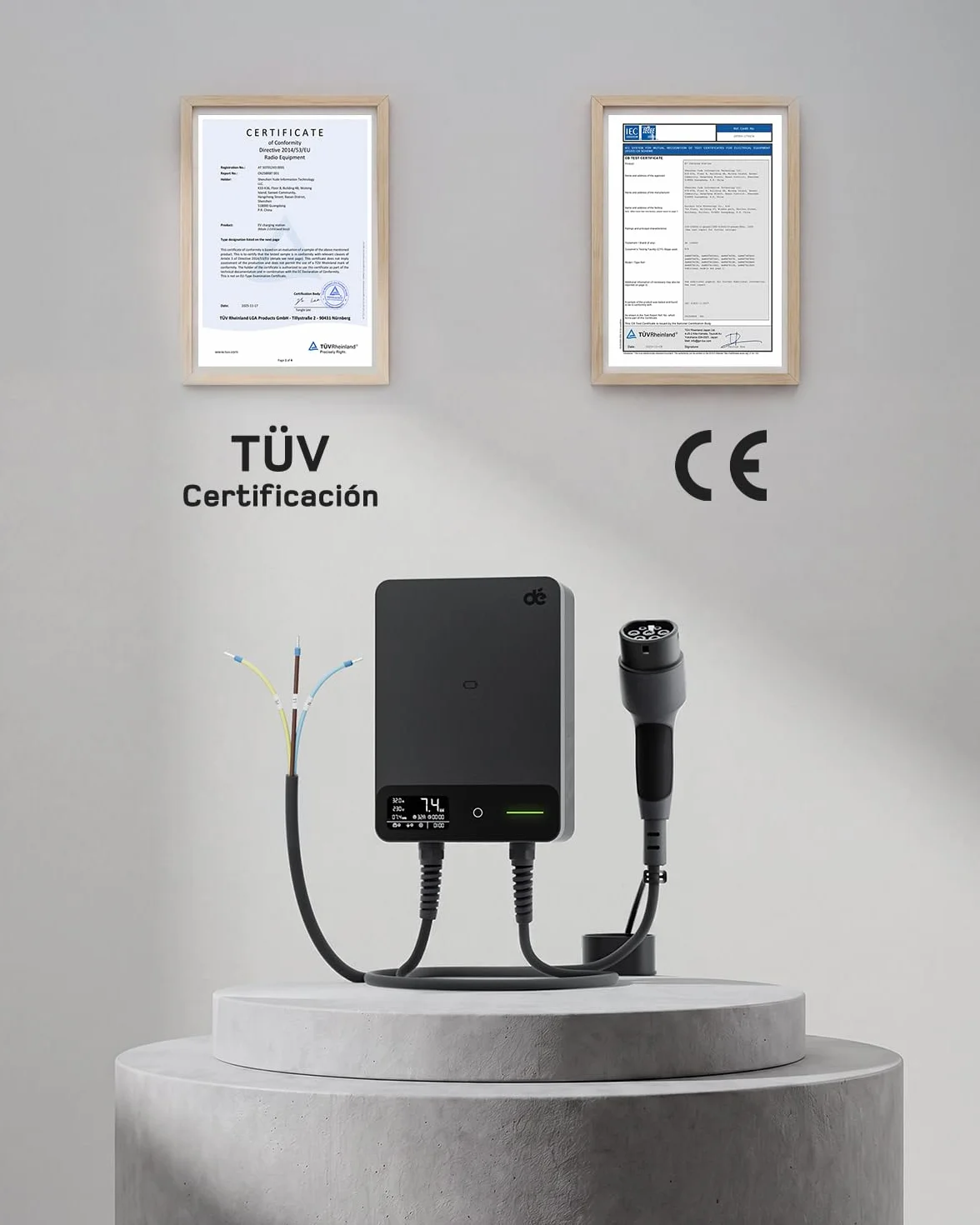 dé Wallbox 7,4 kW Monofásico con App, Cable Tipo 2 de 7,5 m, RFID, Cargador Coche Eléctrico 7,4 kW 6–32 A 230 V, con RCD Tipo A 30 mA CA + 6 mA CC, IP54, para Model Y/3 y Otros BEV/PHEV, Negro