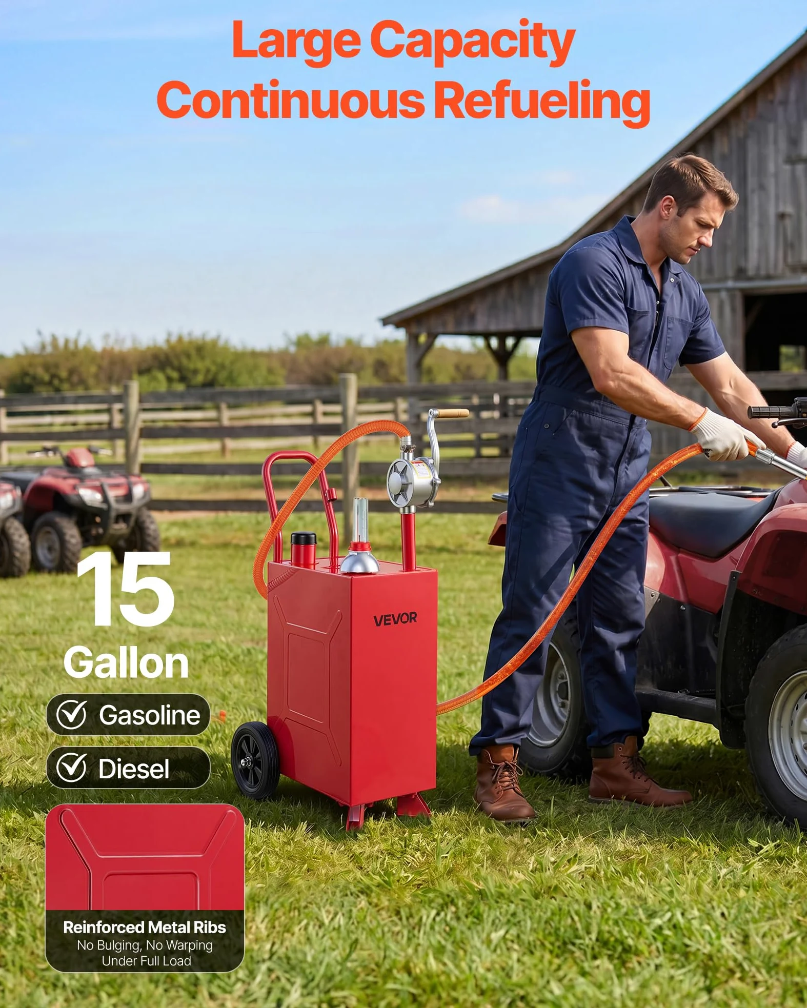 VEVOR Carro de Combustible de 56,8 L con Depósito de Diésel y Gasolina | Tanque de Combustible con 2 Ruedas, Bomba Manual de Trasvase Bidireccional, Acero al Carbono, para Granja, Garaje y Exterior