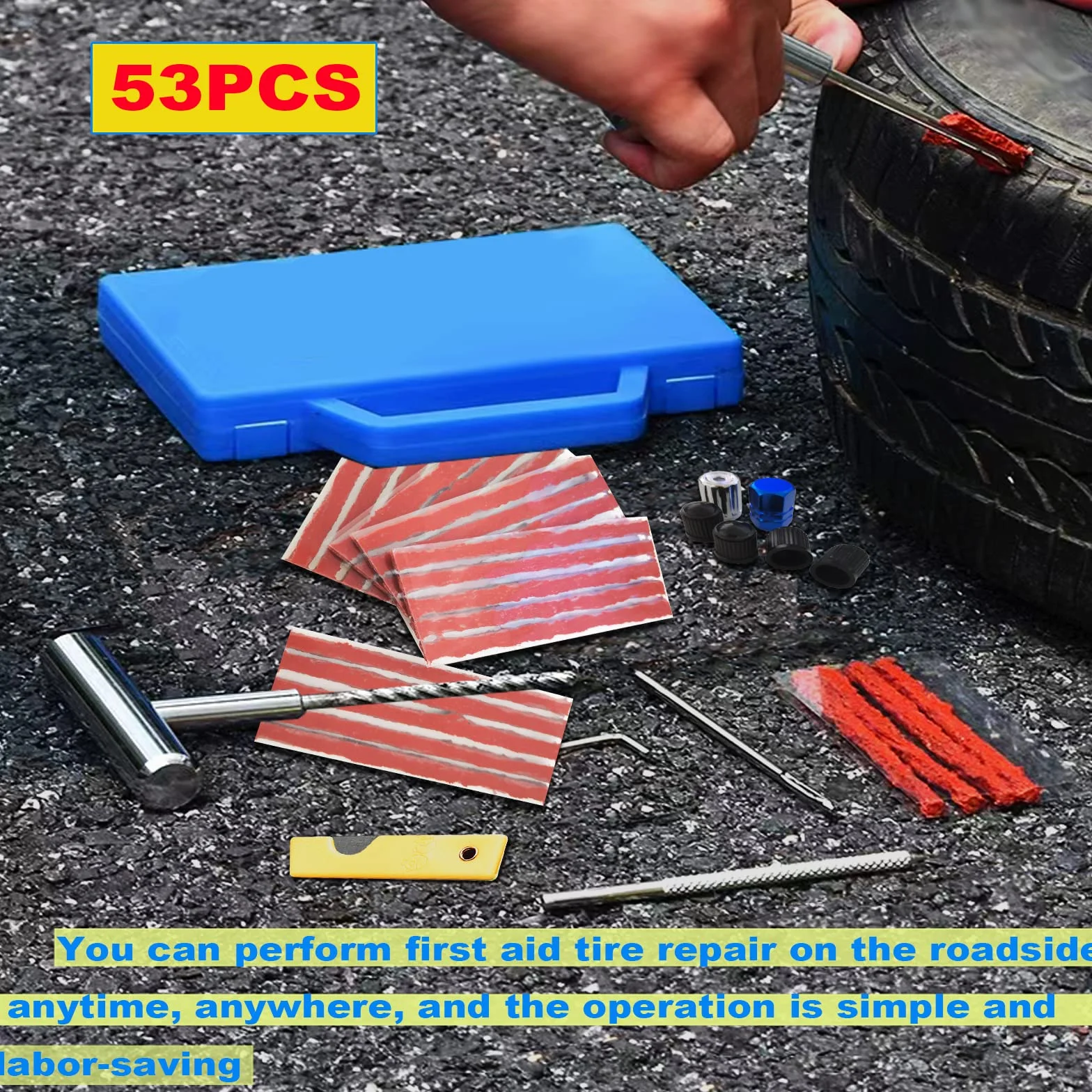 53PCS Kit Repara Pinchazos Herramienta, kit de Reparación para Neumáticos Pesados, kit de emergencia portátil de reparación rápida de neumáticos para coches, todoterrenos, moto y más
