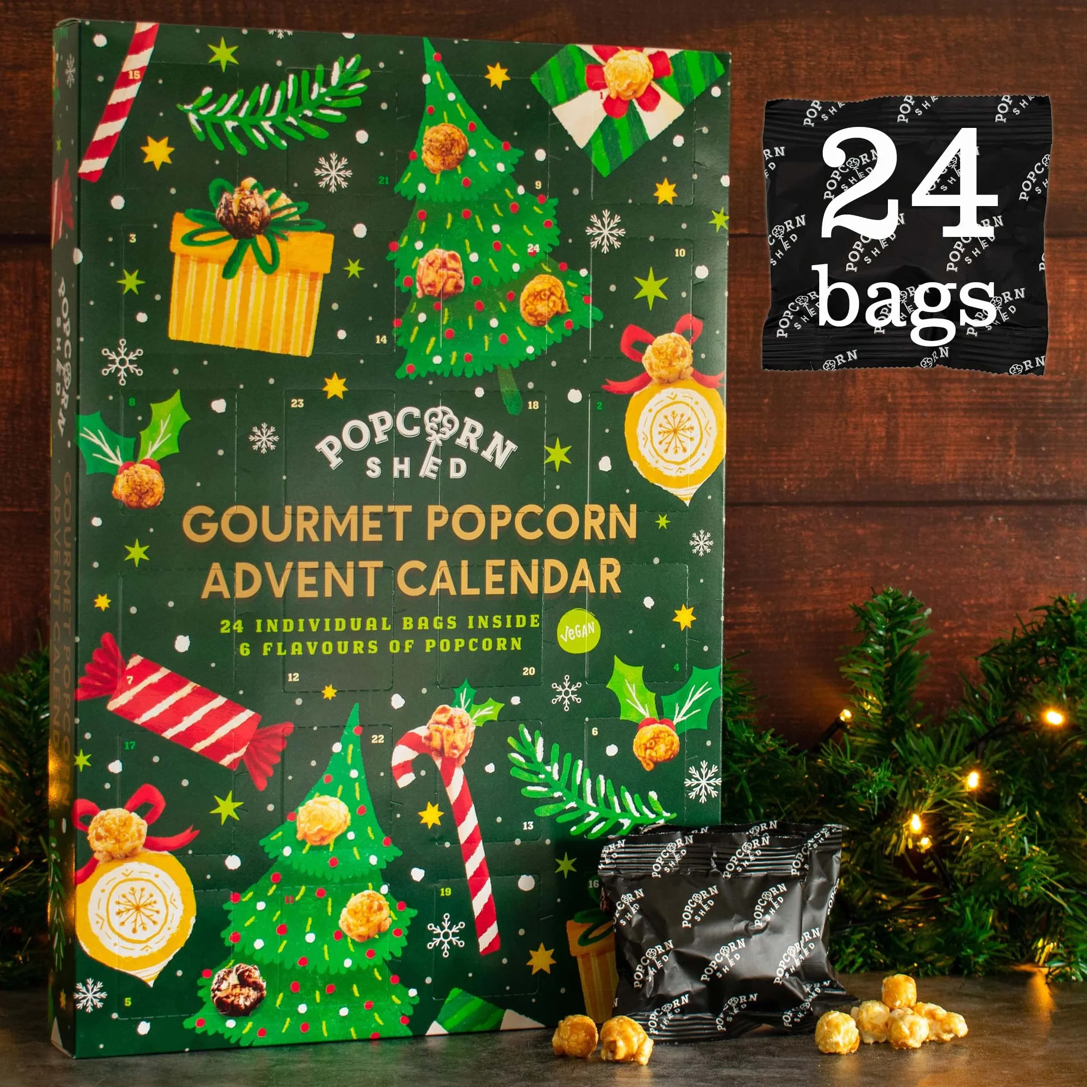 Popcorn Shed Calendario de Adviento Navidad 2025 24 días palomitas 6 sabores gourmet vegano sin gluten