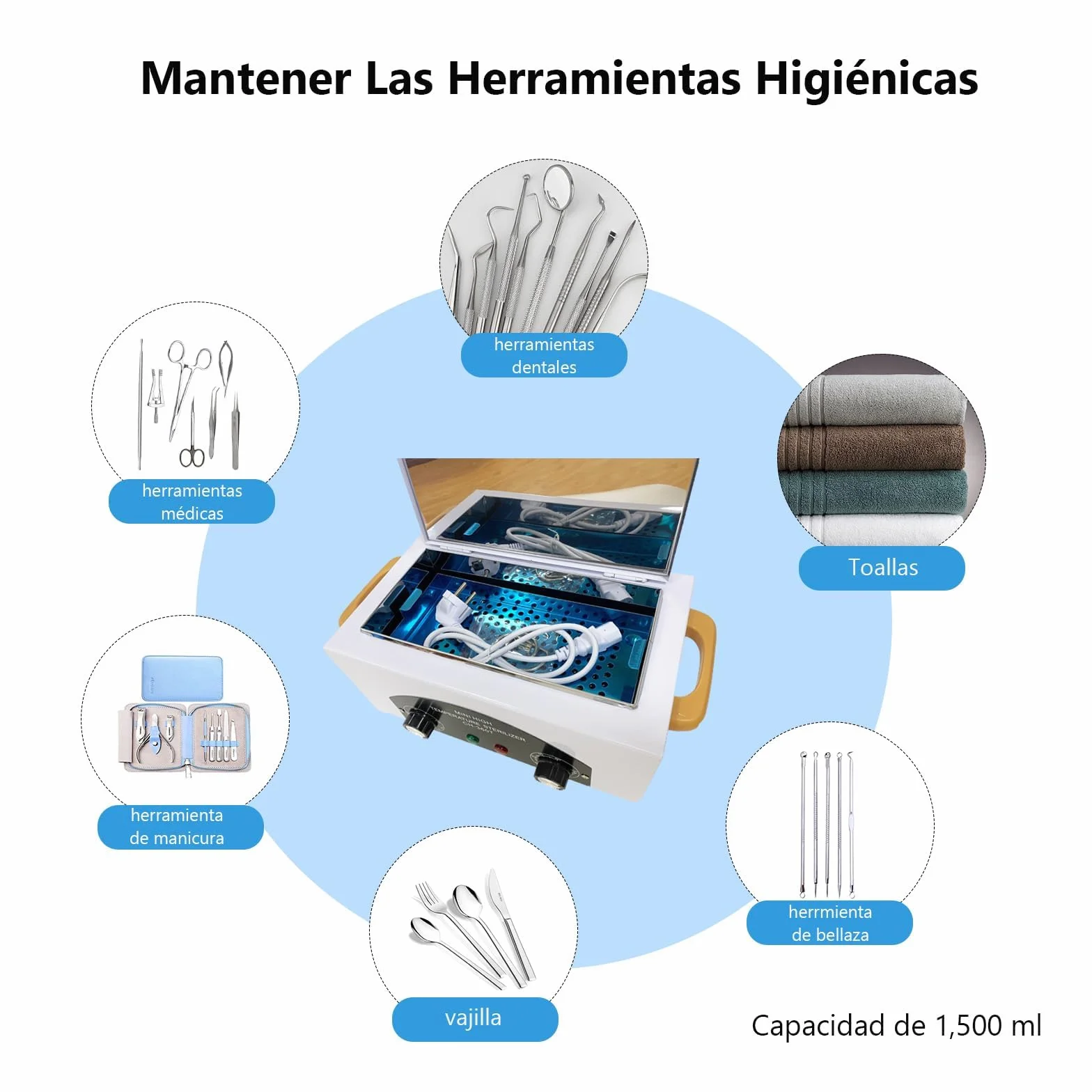 Esterilizador manicura profesional 200°C Aire caliente calor seco Caja 1,5L 300W temporizador 0-60 min