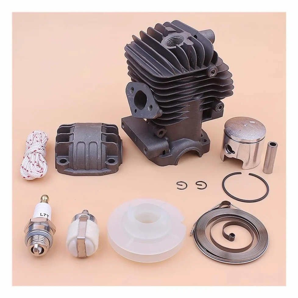 Kit de Base de cárter de Motor de pistón de Cilindro de 34 mm, Compatible con polea de Arranque de Retroceso de 25 CC, Resorte, Cuerda, bujía y Pieza de Motosierra.