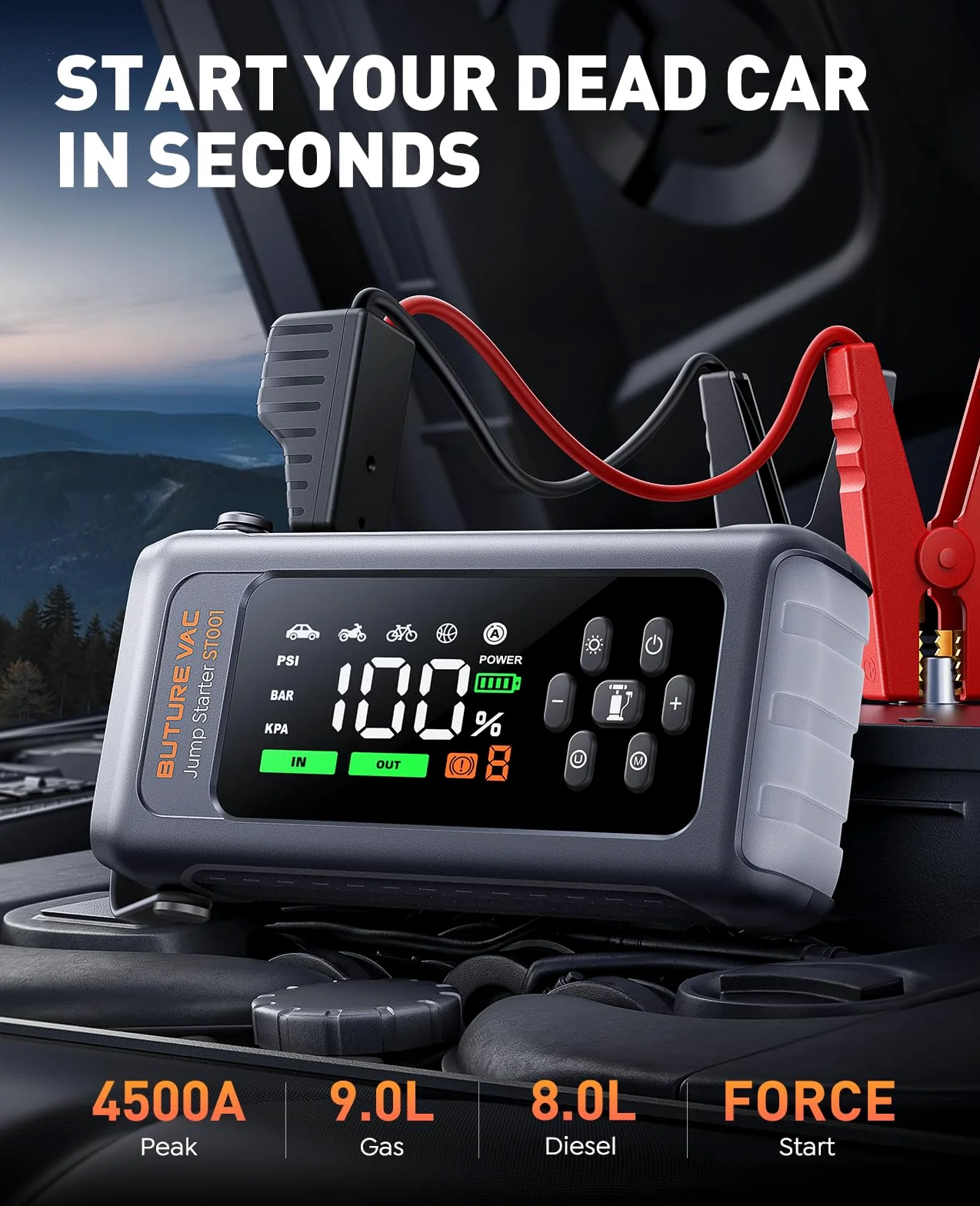 Arrancador de Baterias de Coche con Compresor de Aire, 12V 5000A Arrancador Coche Portatil con Inflador de 150 PSI, Linterna LED de Emergencia, Banco de energía de Arranque