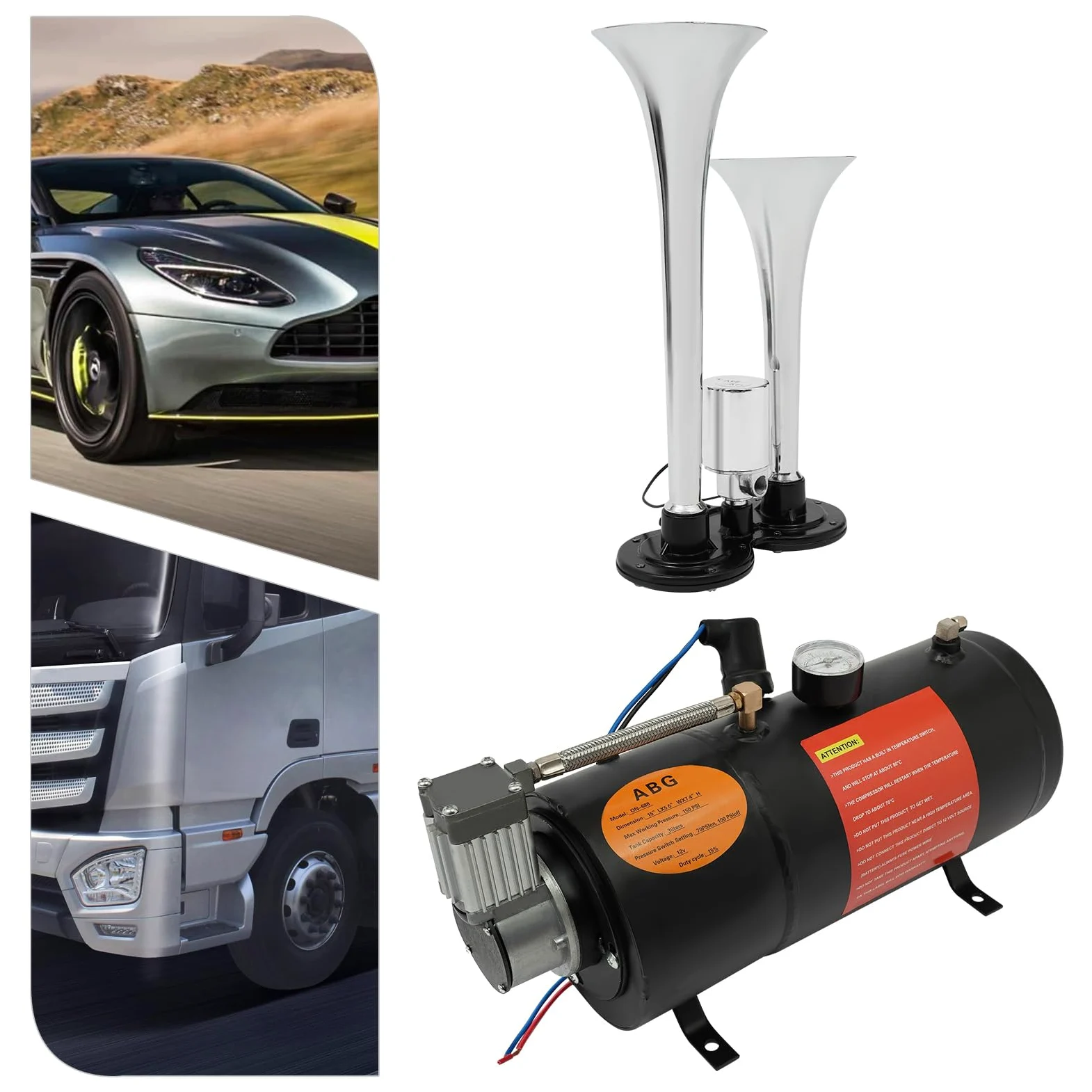 Compresor de aire 12 V, compresor de aire comprimido 150 psi con 3 L, cobre, modelo ON-688, para coches y barcos, con cuernos de aire, color negro