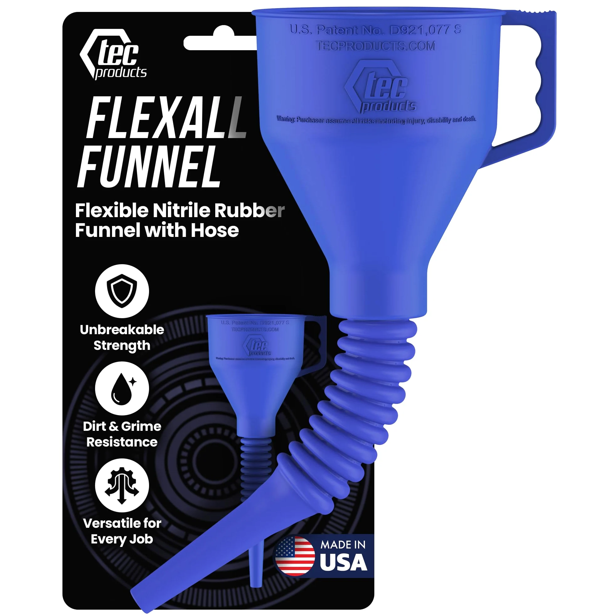 TEC Products FlexAll - Embudo de goma flexible con asa, varios tamaños y colores, fabricado en los Estados Unidos (pequeño, azul)