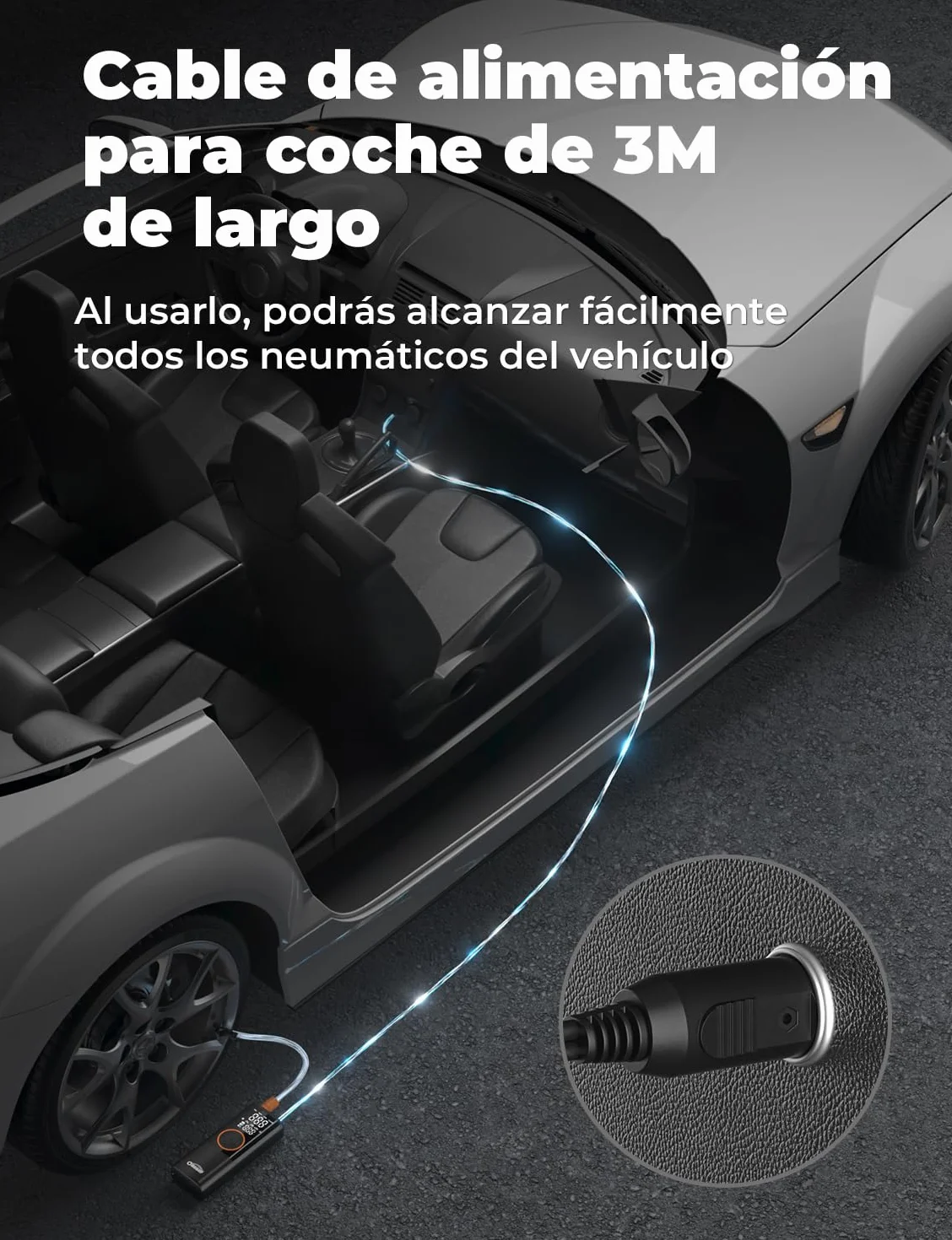 Oasser Compresor Aire Portatil 6000mAh 150PSI Inflador Ruedas Coche Pequeño Pantalla LCD Doble Visualización Cable Encendedor 3M Parada Automática Bolsa Almacenamiento para Coche Moto Bicicleta Bola