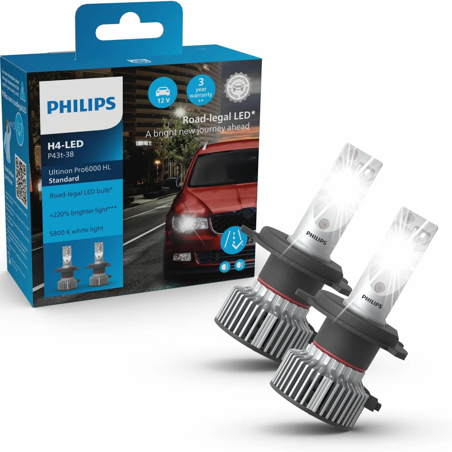 Philips Ultinon Pro6000 Standard H4-LED lámpara LED homologada*, +220% más brillante**, 5.800K, juego de 2