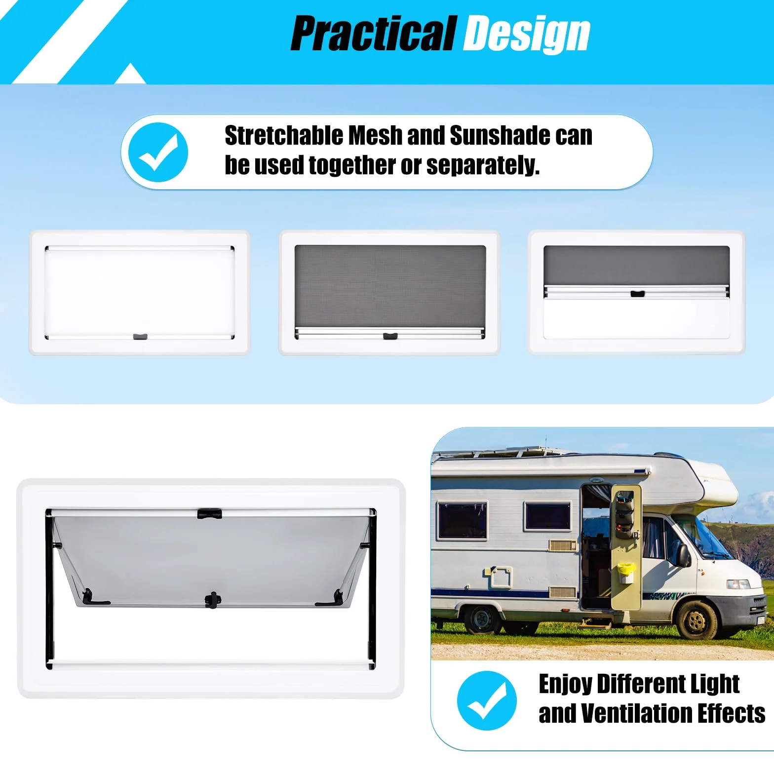 Ventana para autocaravana ACROSSPART con certificación ECE 43R, ventana abatible para camper con persiana integrada y mosquitera, ventana abatible de 70° para autocaravanas, caravanas, furgonetas (90