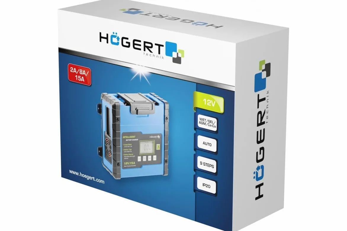 Hogert Technik Cargador de batería de Coche 2A Max 8A Max 15A Max para Coche Camiones Moto Batería Hasta 15-300Ah | Potección contra cortocircuito HT8G613
