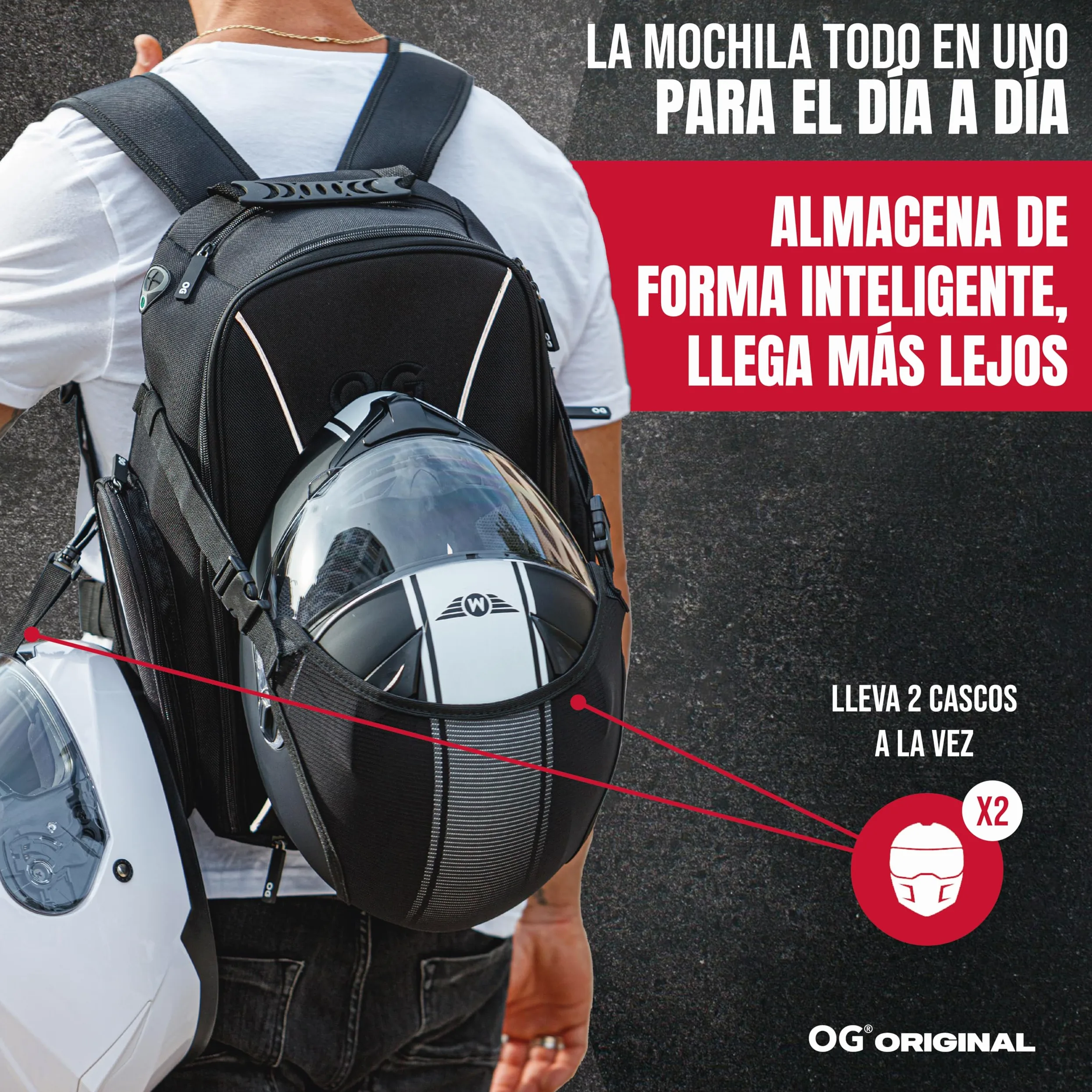 OG Original Mochila Moto GO Negra Impermeable 20L, Bolsa Porta-Cascos Motorista, Correa Casco, Ciclismo, Hombre, Portátil, Reflectante, Bolsillo Antirrobo