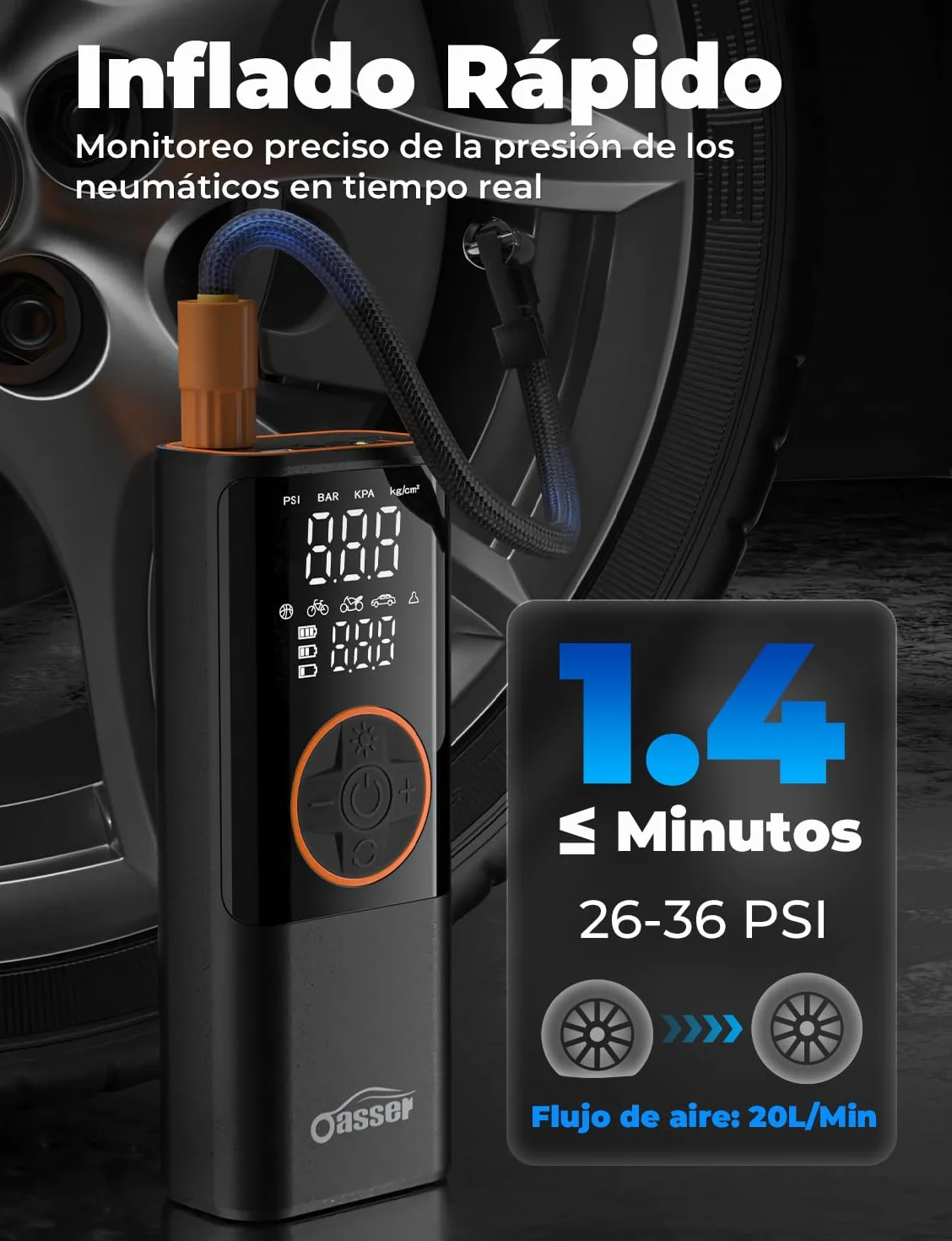Oasser Compresor Aire Portatil 6000mAh 150PSI Inflador Ruedas Coche Pequeño Pantalla LCD Doble Visualización Cable Encendedor 3M Parada Automática Bolsa Almacenamiento para Coche Moto Bicicleta Bola