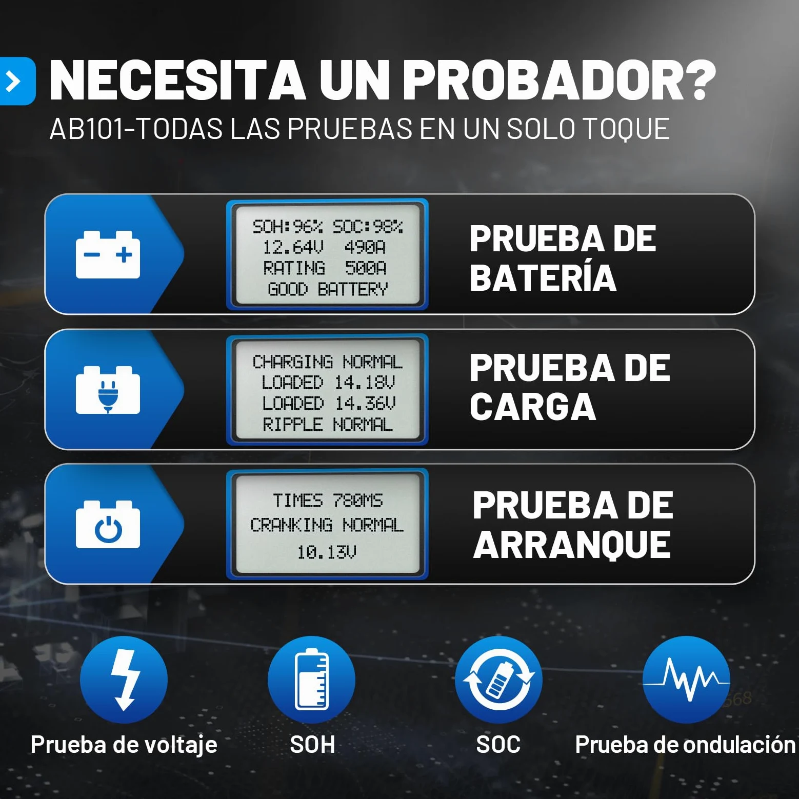TOPDON ArtiBattery AB101 Comprobador de batería de Coche de 12 V 100 – 2000 CCA. Medidor de batería de Coche para Pruebas de Arranque y Carga, Analizador Digital para Celda húmeda/AGM/Gel/EFB