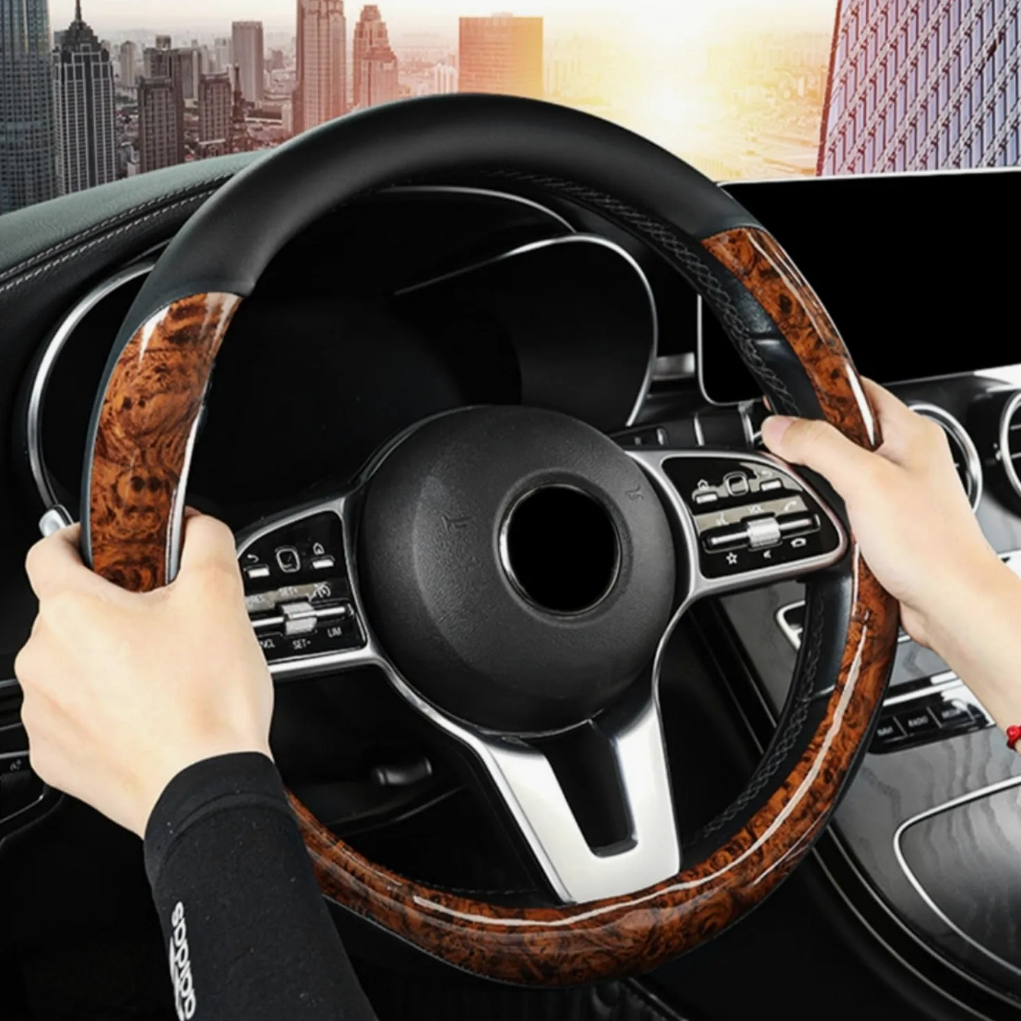 Funda para volante de cuero de microfibra transpirable antideslizante protector universal de 14.5 a 15 pulgadas, accesorios interiores de automóvil para mujeres y hombres, color negro