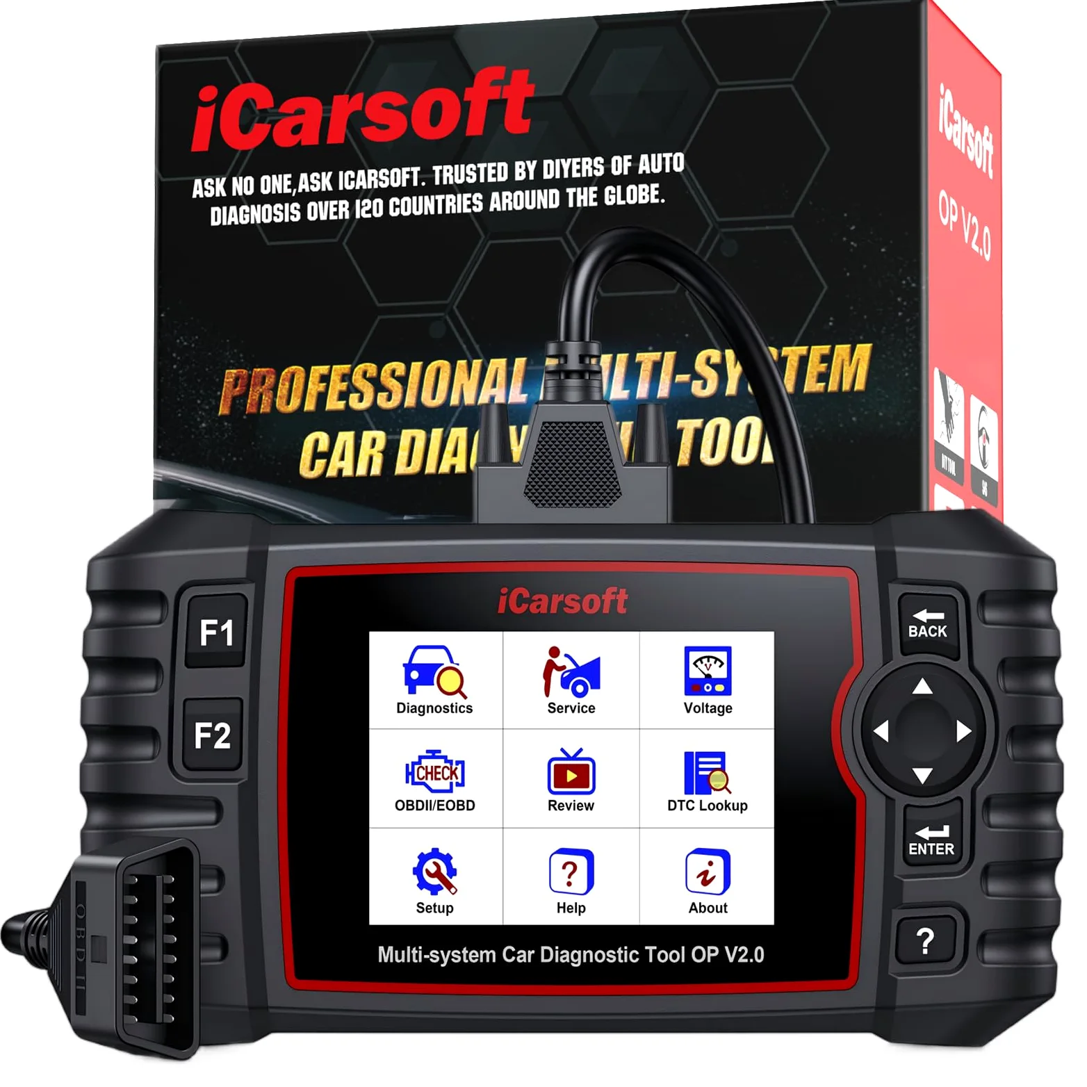 iCarsoft OP V2.0 OBD2 Máquina Diagnosis Coche para Opel/Vauxhall, Escáner de Todo el Sistema, Detector Fallos Coche con 9 Funciones Reinicio, Prueba de Batería, Actualización de por Vida