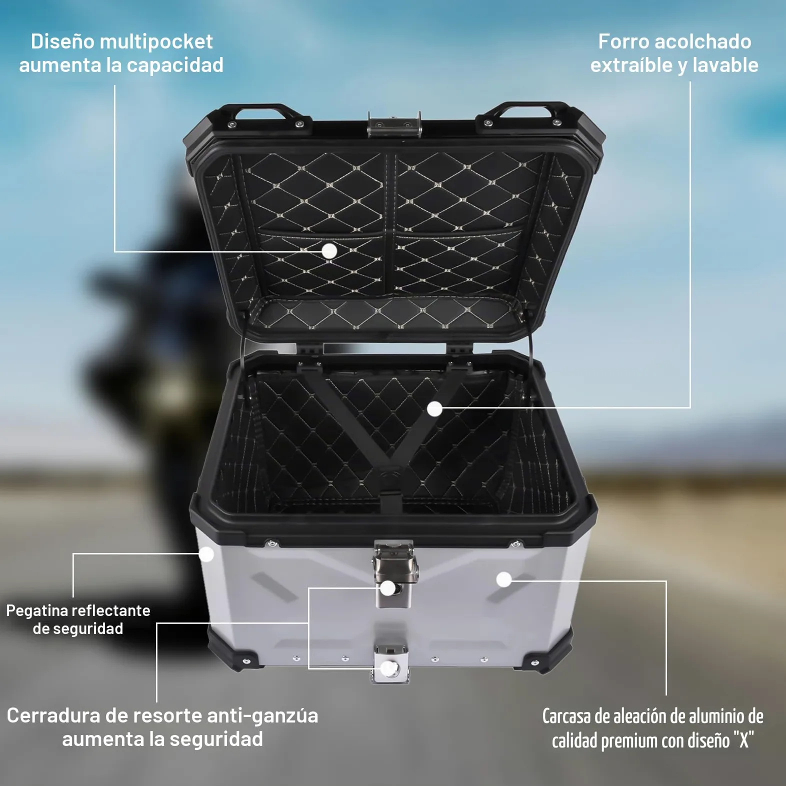 Bisenya 55l Motocicleta Top Case, Aluminio Motocicleta Tour Tail Box con Cerradura De Seguridad Plata Impermeable