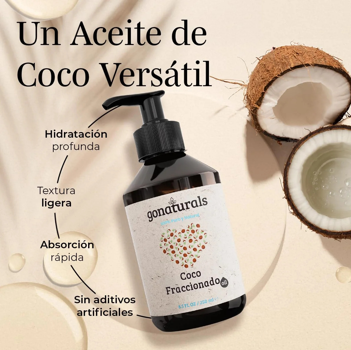 GoNaturals Aceite de Coco Fraccionado 250ml 100% Puro Hidrata Piel Cabello Uñas Desmaquillante Natural