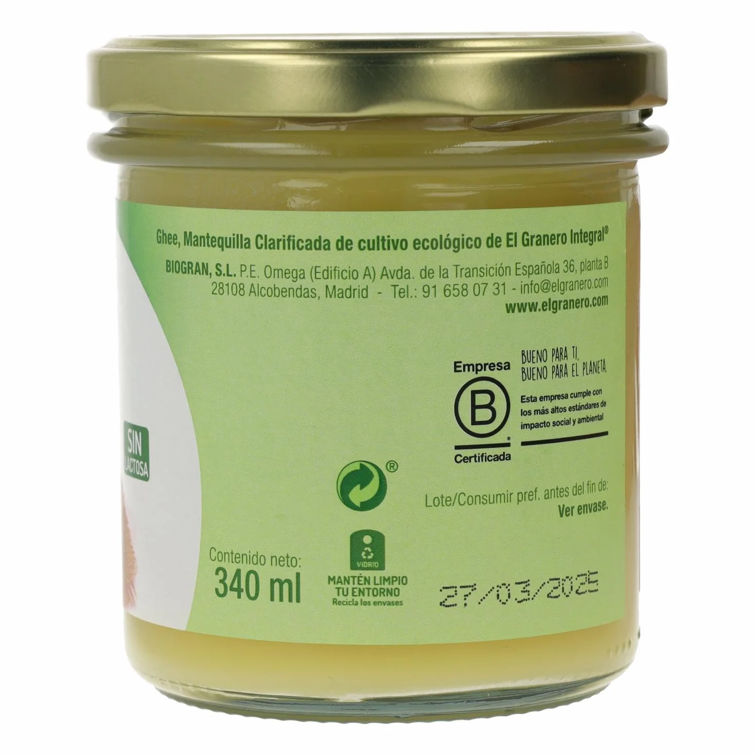 El Granero Integral Ghee Mantequilla Clarificada 340 ml Ecológica