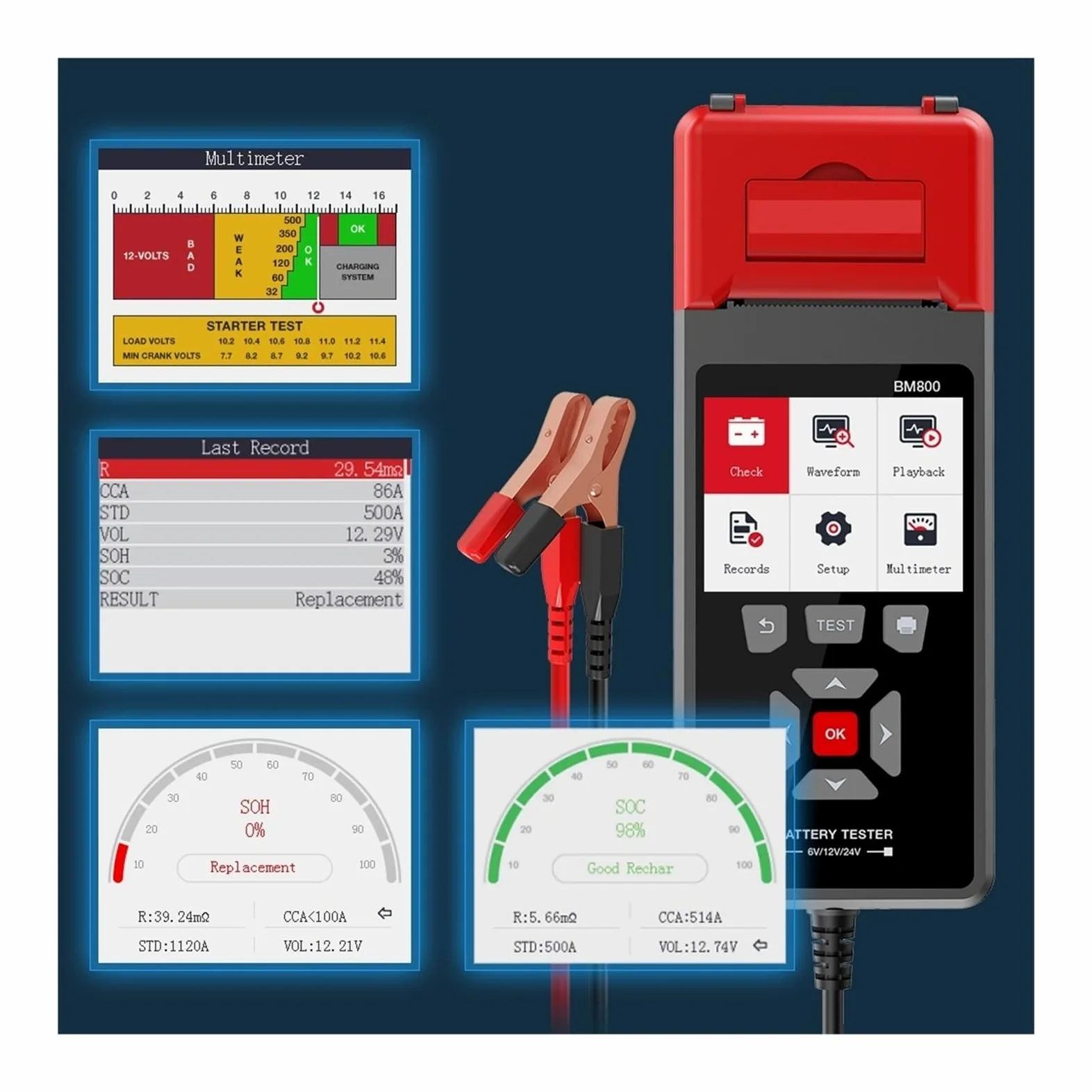 Probador de batería, BM800 Probador profesional de batería automóvil | Ofrece prueba de voltaje, análisis de capacidad; ideal para baterías de coches, camiones y motos.