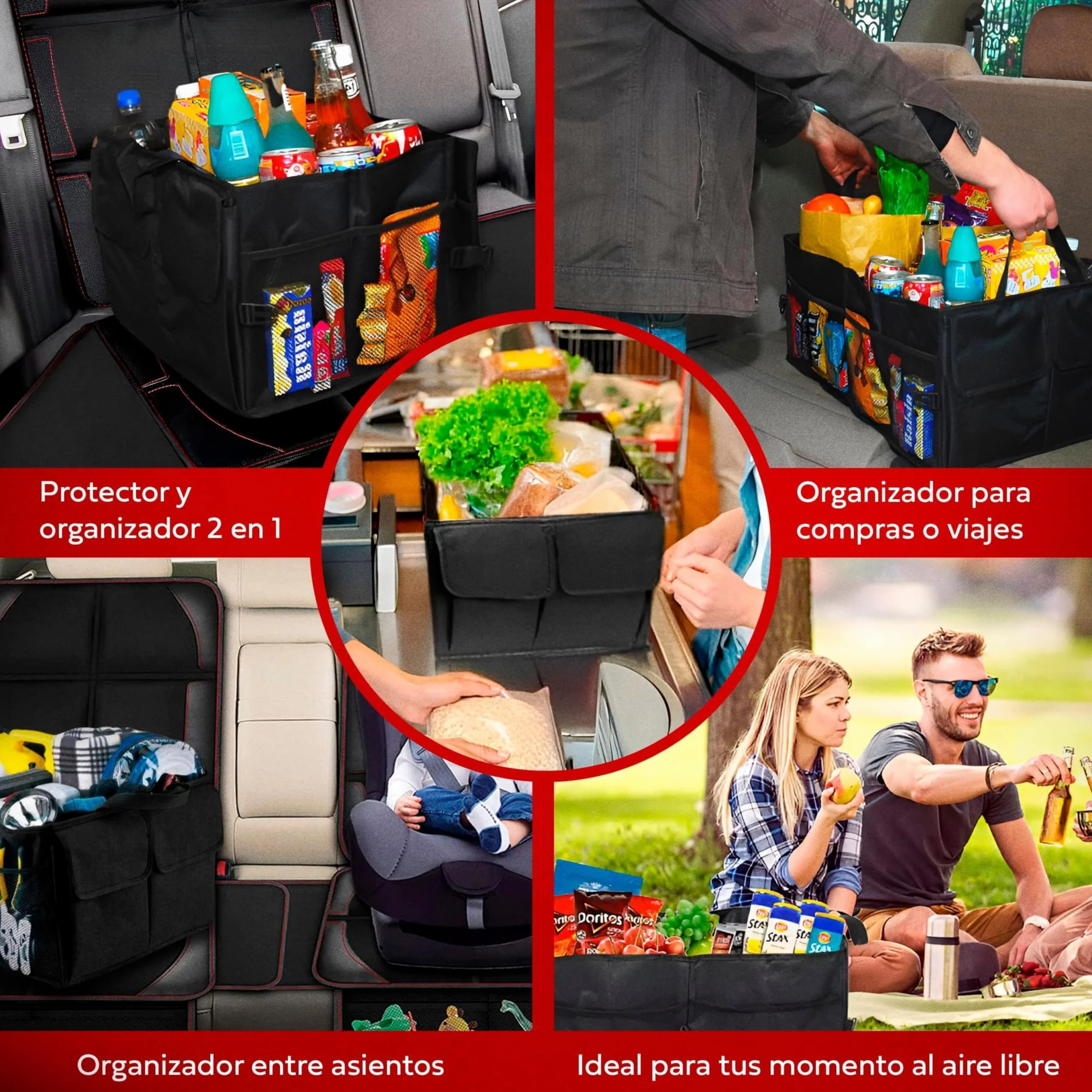 Organizador Maletero Coche Plegable - Flexible - Impermeable | 3 Compartimentos y 6 Bolsillos │ Asas Reforzadas │ Tamaño Adecuado para Coche, SUV o Furgoneta │ Mantén el Maletero Ordenado