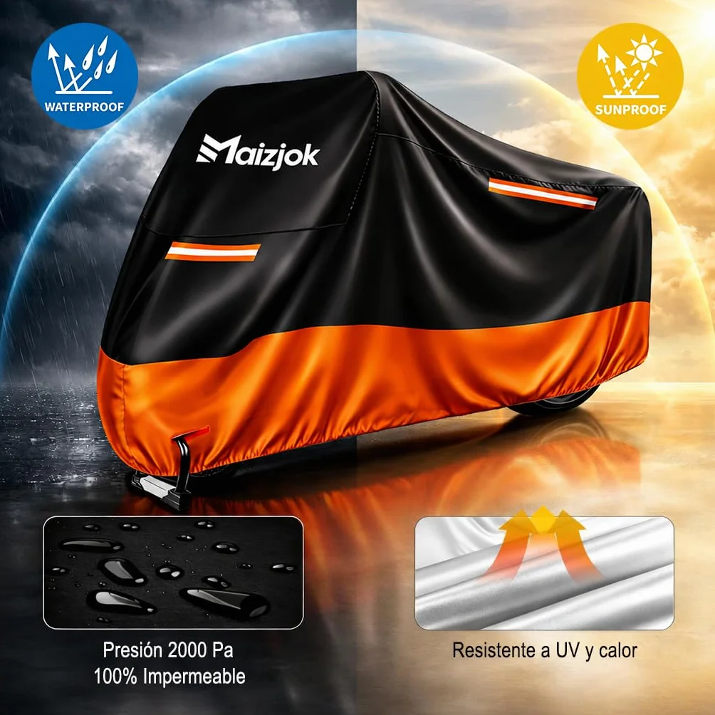 Funda Moto Impermeable 210D Poliéster Cubierta Exterior Protector Lluvia UV XL 245x105x125 cm