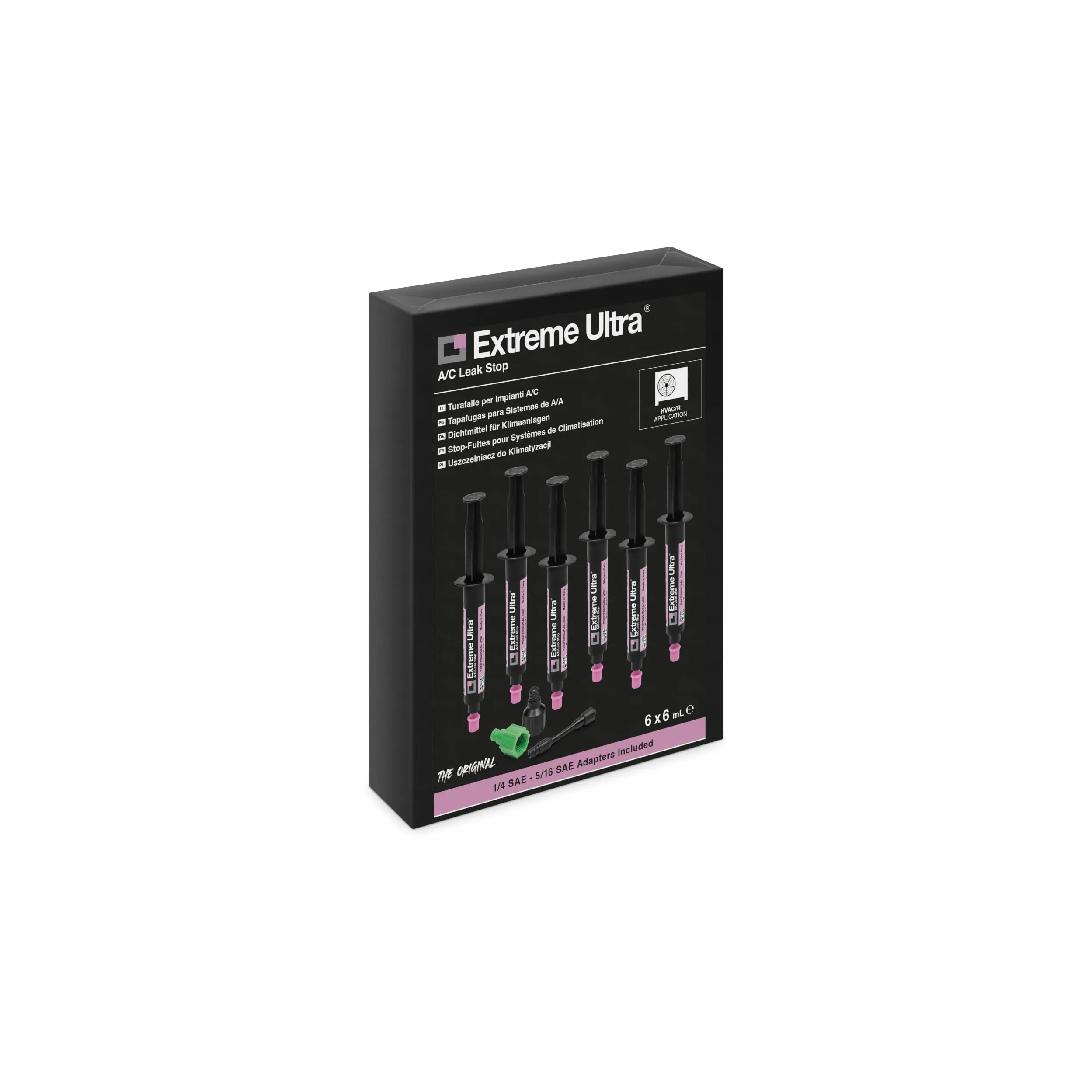 Errecom Extreme Ultra - 6 x 6 ml, Sellador de Fugas para Sistemas de Aire Acondicionado y Refrigeración, incluye les adaptadores 1/4 SAE y 5/16 SAE (R410a, R32)