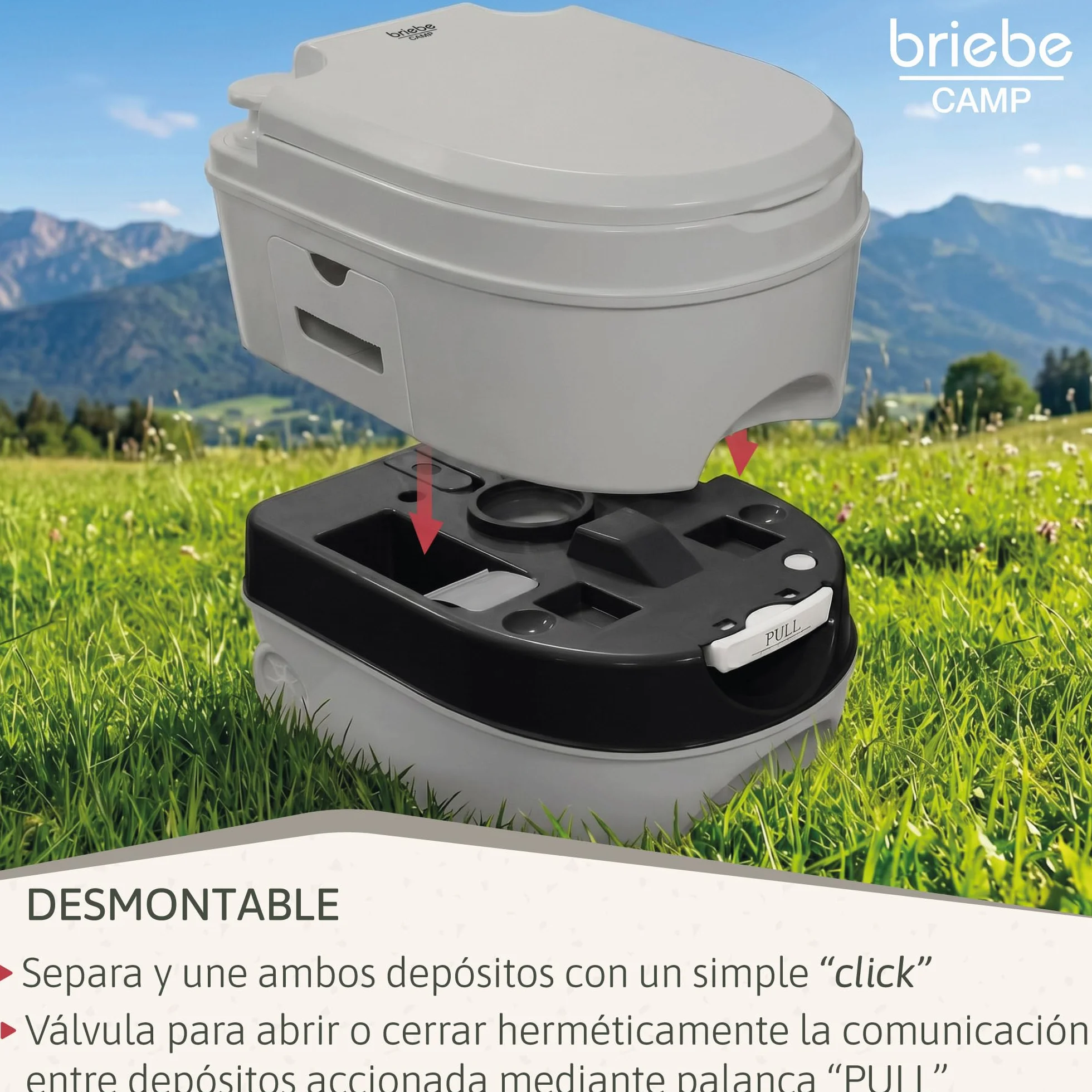 briebe Camp WC Inodoro Portátil Químico con Ruedas Adultos Potty 24L Camping, Camper, Auto Caravana, Water con Cisterna Descarga Agua 20L, Válvula Drenaje sin Fugas, Fácil Limpiar y Vaciar WC1196G