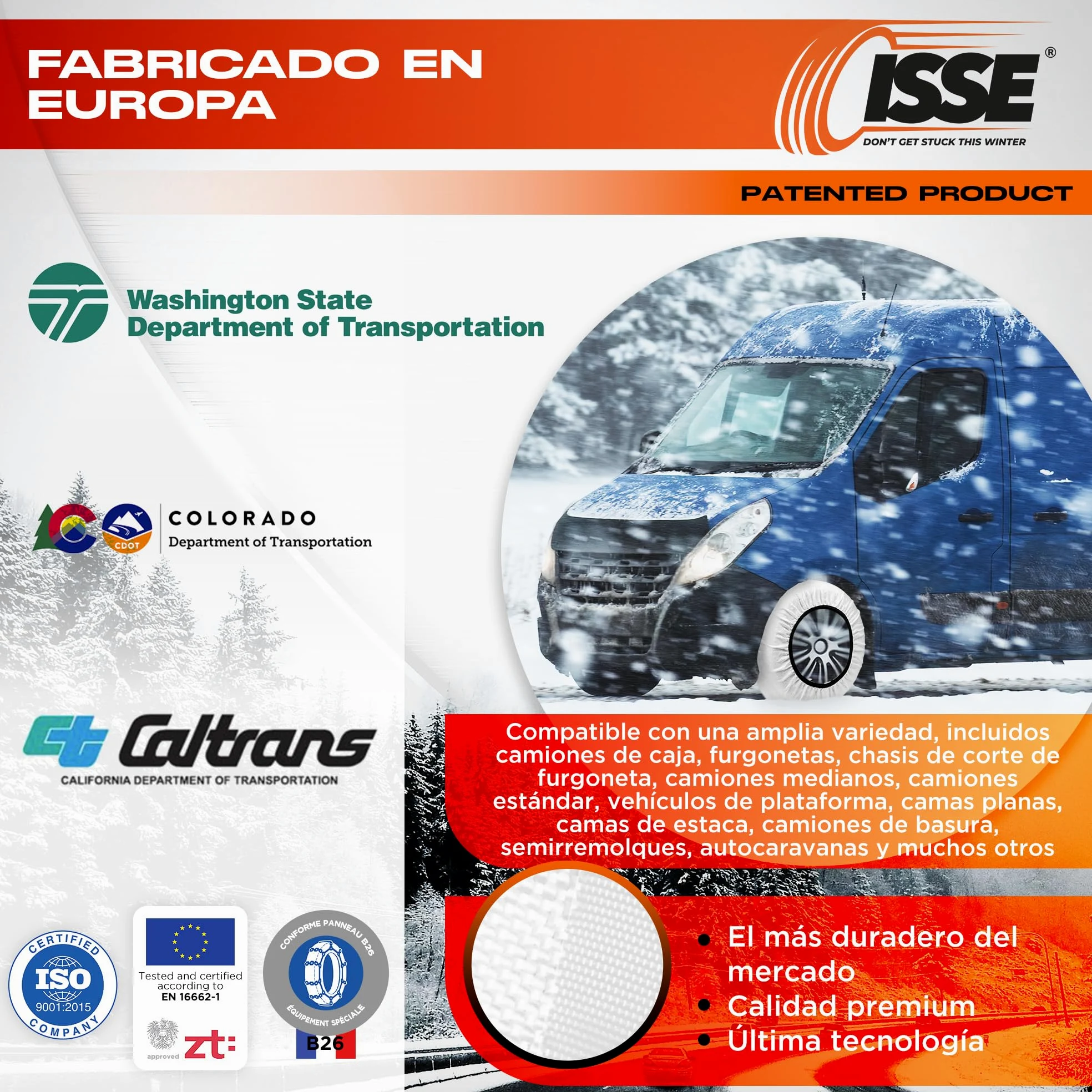 ISSE - Cadenas Camión Nieve |T-110| Homologación EN 16662-1 - Cadenas Nieve Téxtiles Fáciles de Instalar - Cadenas Nieve y Hielo Camión Antideslizantes y Resistentes - Kit de 2 Cadenas + guantes