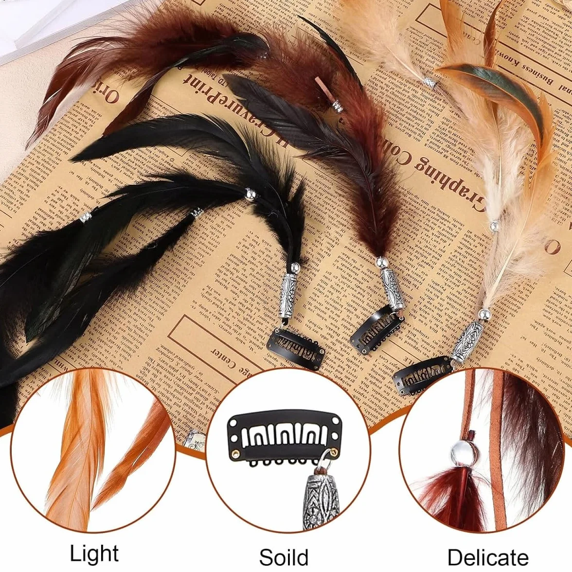 Boho Hippie Clips Cabello Plumas, 6PCS Mujer Pluma Extensiones, Accesorios Festival Halloween