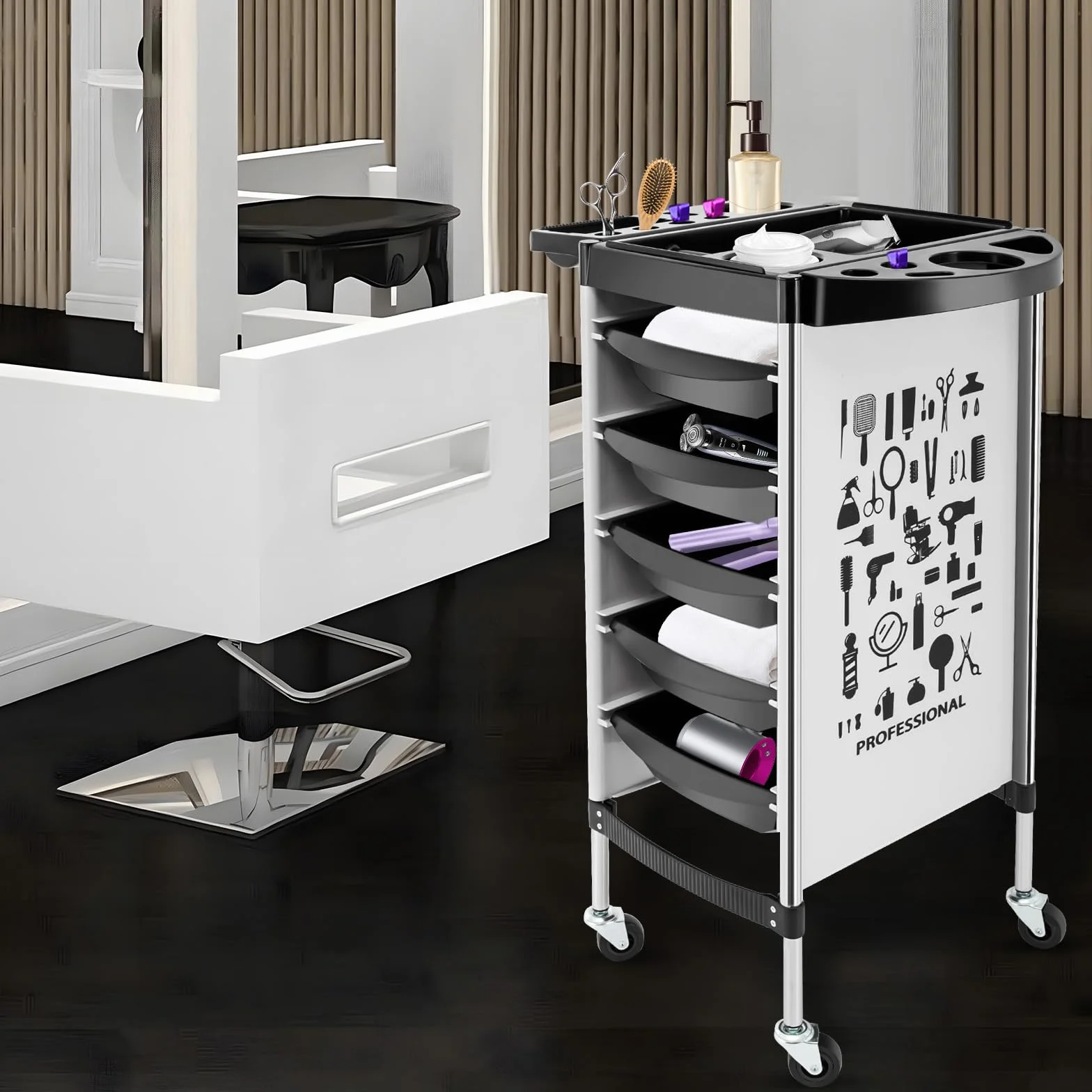 MINRS Carrito de peluquería 52x36x90 cm 5 cajones extensibles blanco