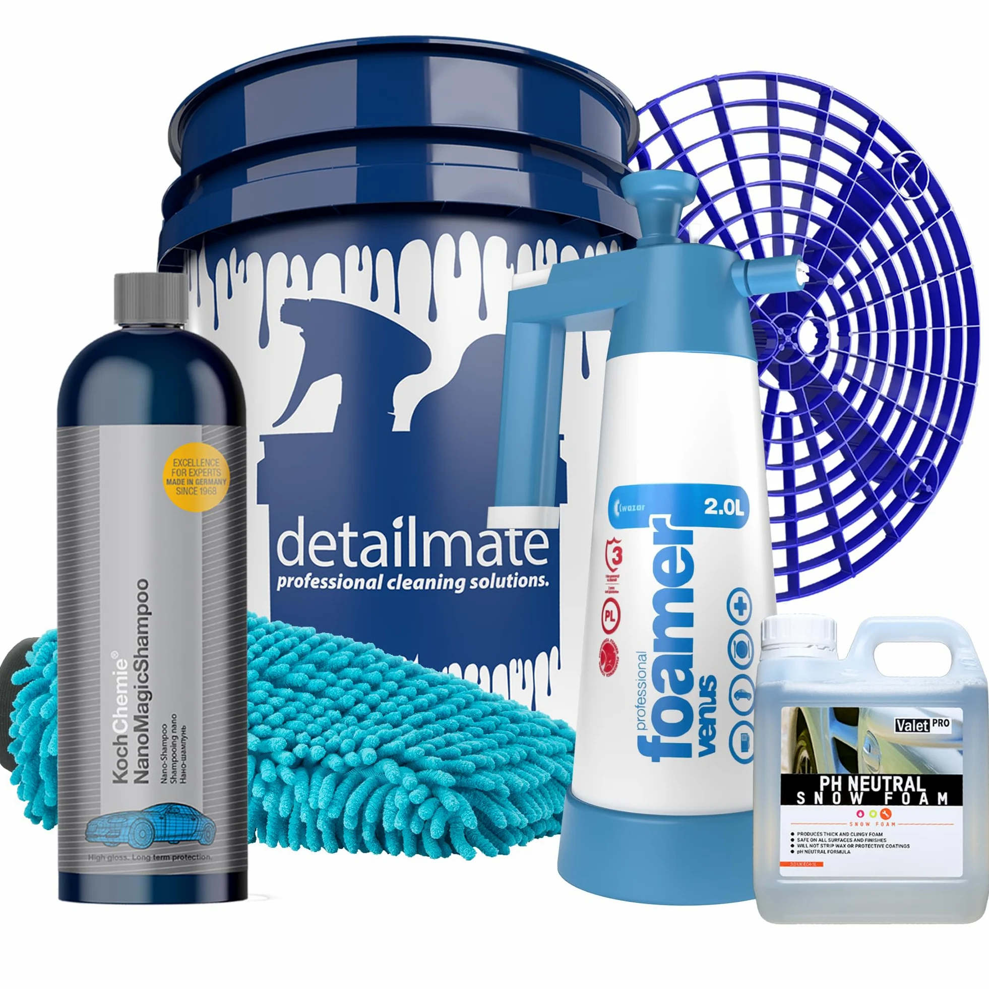 detailmate Set prelavado: ValetPro PH neutral Snow Foam, Kwazar Foamer 2L – Lavado principal: Koch Chemie Nano Magic Champú 750ml, Gritguard cubo 20L, Gritguard cesta de suciedad