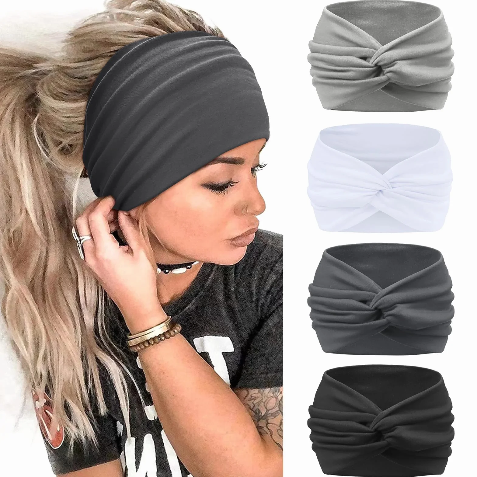 Mujer Cinta Pelo Elástica Ancha Turbante Bandana 4 Pcs 7'' Gris
