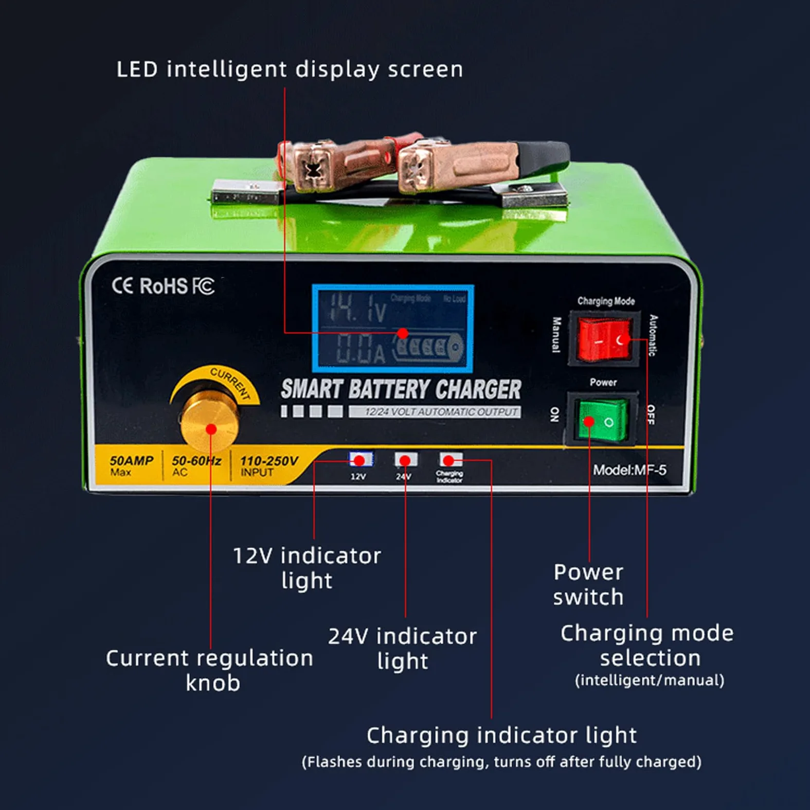 Cargador de Batería Inteligente, Carga Rápida, Acero Inoxidable, Cargador de Batería Automático de Seguridad contra Sobrecarga de 800 W, Ideal para Climas Fríos y bajo Voltaje (Enchufe de