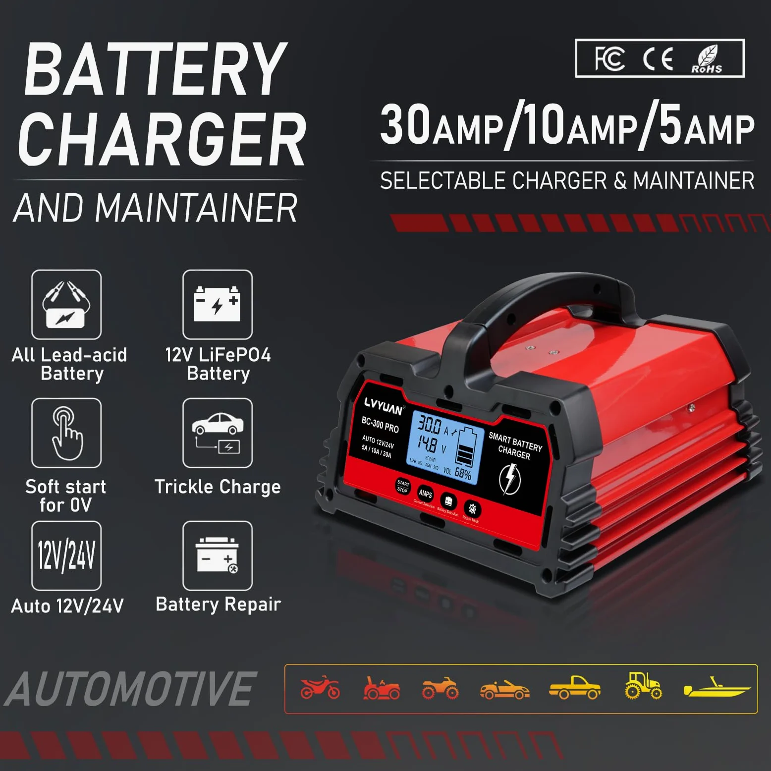 LVYUAN Cargador de batería Inteligente de Coche de 30 amperios, Cargador automotriz de 12 V/24 V, batería de Plomo-ácido, mantenedor de batería LiFePO4 con Pantalla LCD, Cargador de Goteo, para