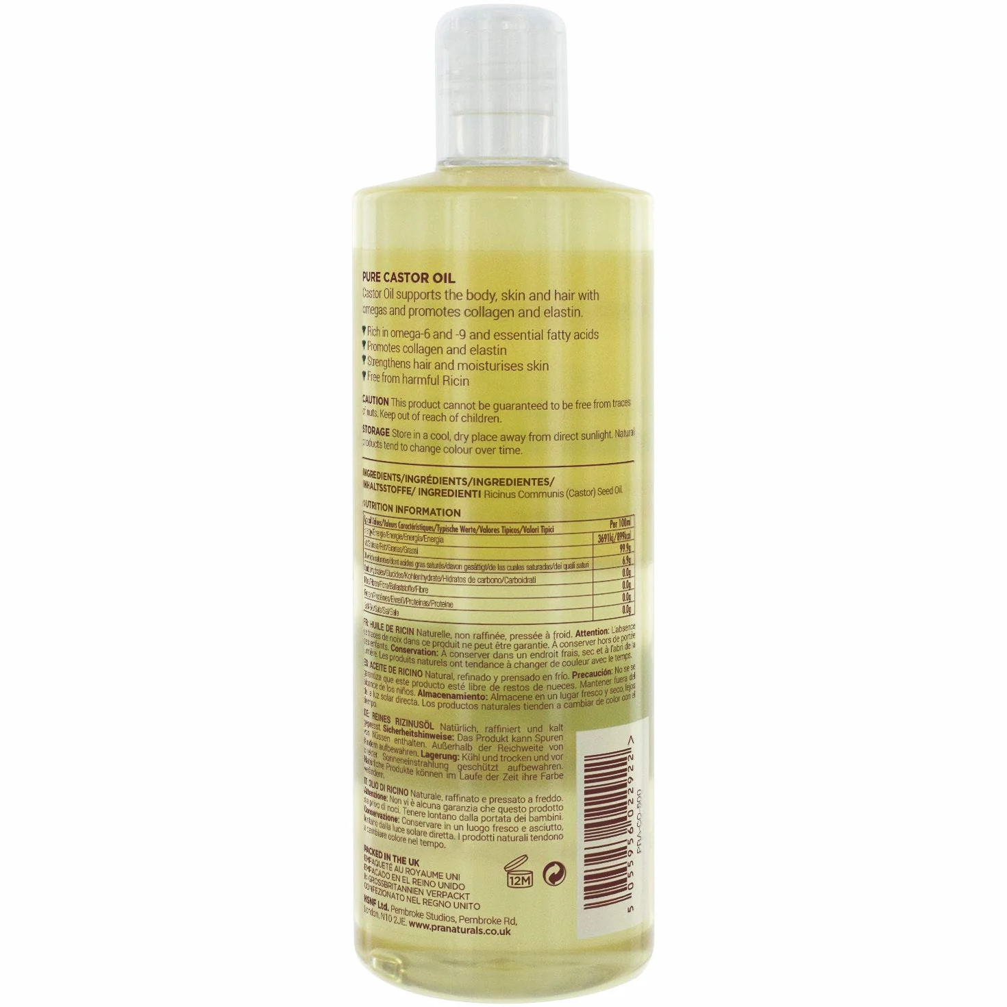 Aceite de ricino prensado en frío 500ml 100% vegano natural para crecimiento pelo pestañas piel suave omega 6 y 9