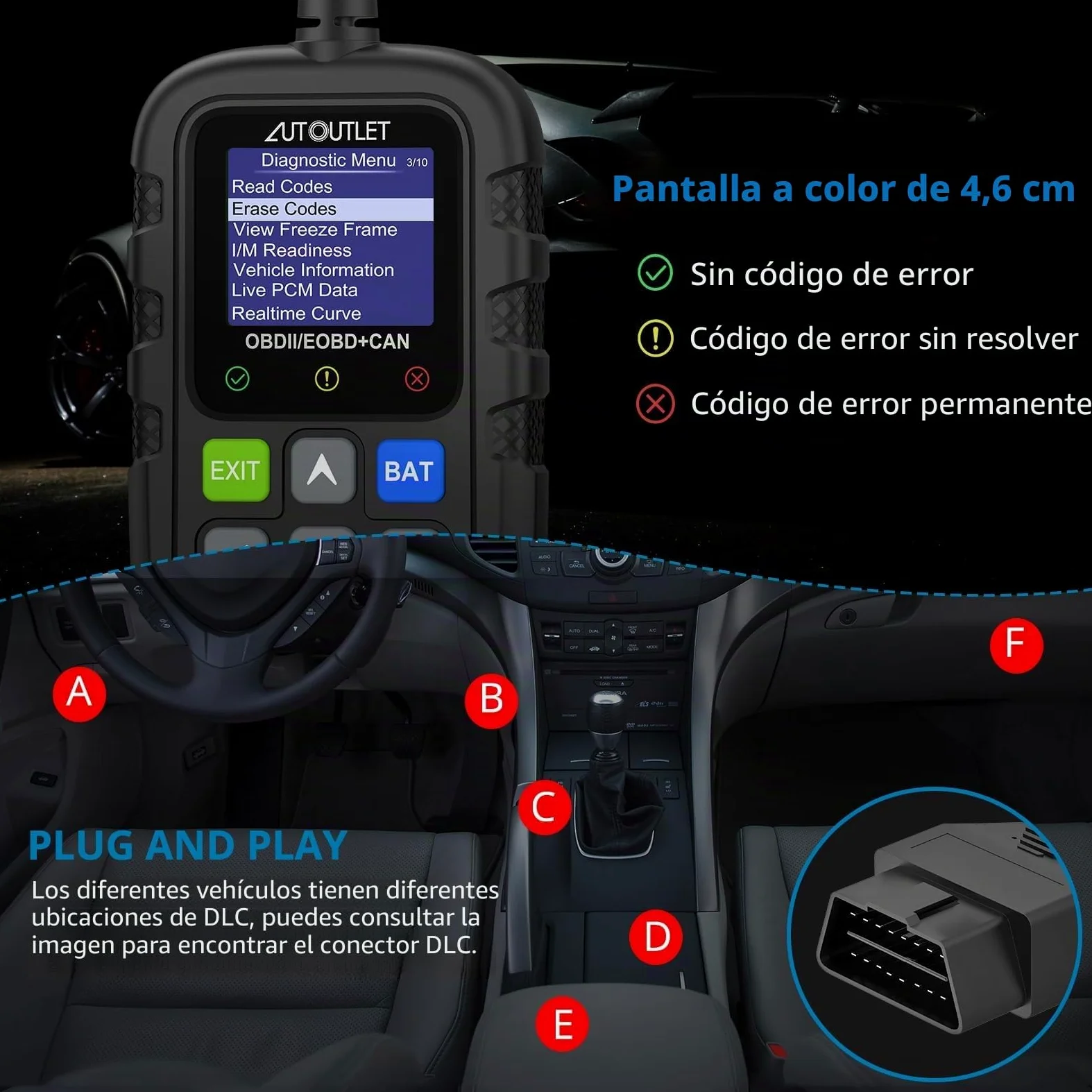 AUTOUTLET Lector de códigos OBD2 Escáner de diagnóstico rápido borrado de códigos Amplia Biblioteca DTC 13 Idiomas Compatible con Varios protocolos de vehículos