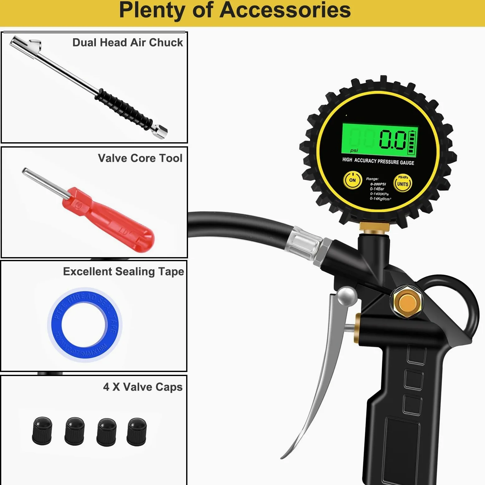 Manómetro de neumáticos Inflador De Neumáticos De Alta Resistencia, Herramienta De Aire, Inflador De Neumáticos Digital De 200 PSI, Manómetro Analógico, Accesorio De Manómetro