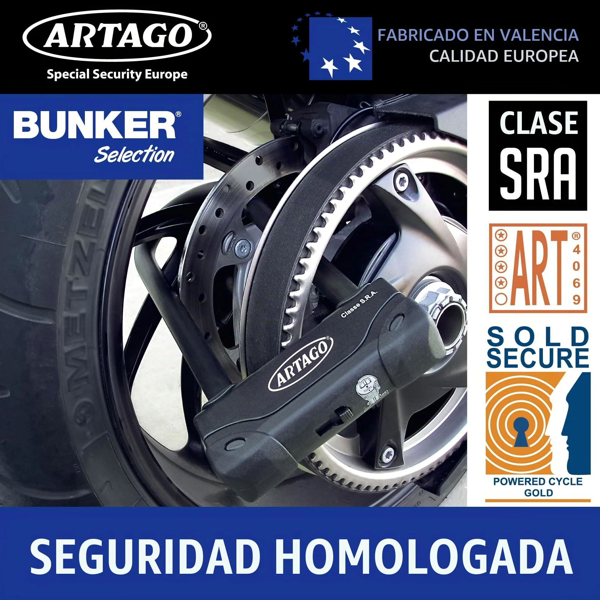 ARTAGO 18ART270 Candado Moto Alta Gama, Antirrobo U Nivel BUNKER Homologado SRA, Sold Secure Gold, ART4, Puro Acero Endurecido 18mm, Doble Cierre Blindado, Cerradura con Disco 5mm Anti-Taladro, 85x270
