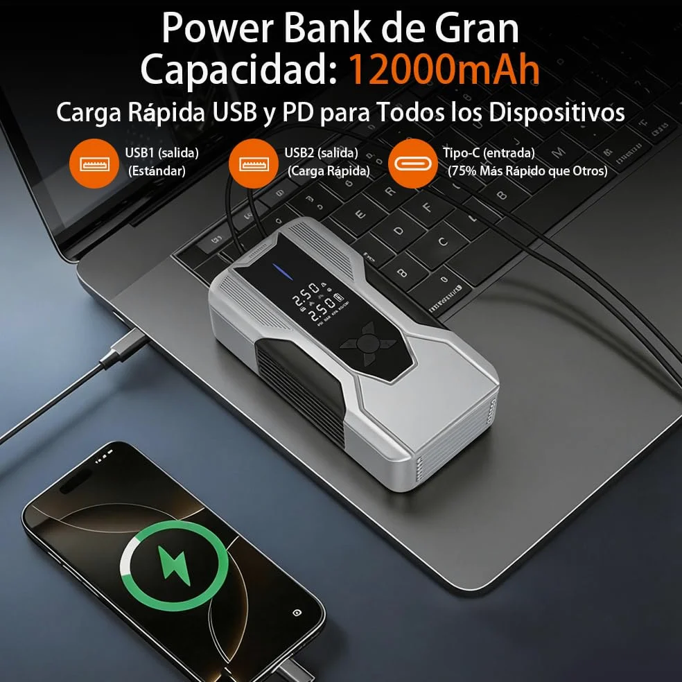AWESAFE 12000Mha Inflador de Neumáticos 150PSI con Arrancador de Baterias de Coches (Todo Gasolina o 10L Diésel), Compresor de Aire Portátil para Coche con Pantalla LCD, Luz de Emergencia