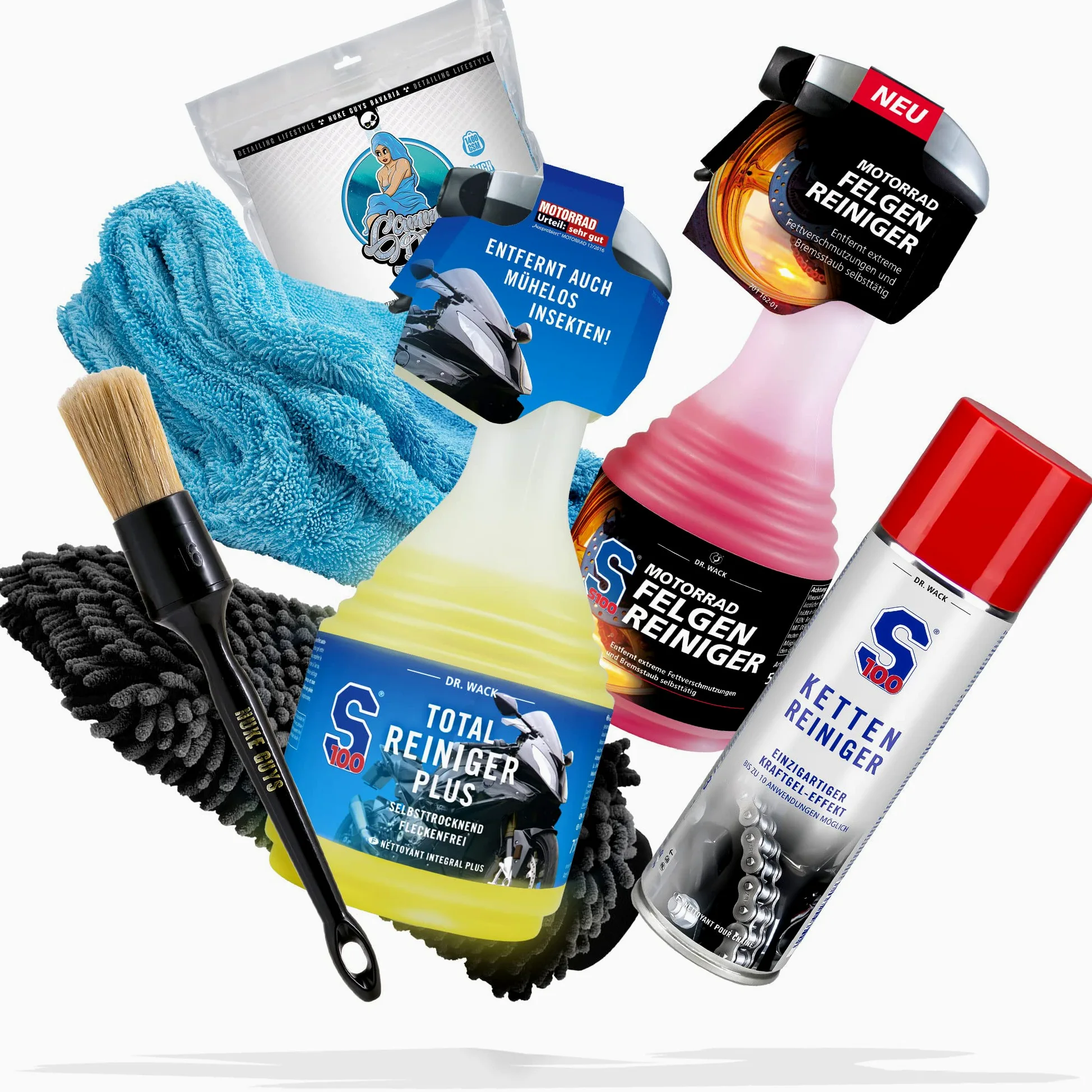 Kit de nettoyage et de séchage pour moto - Wack S100 Total Cleaner + Nettoyant rapide + Nettoyant pour jantes moto + Nuke Guys chiffon sec & 2x pinceaux + detailmate gant lavage & chiffon polissage