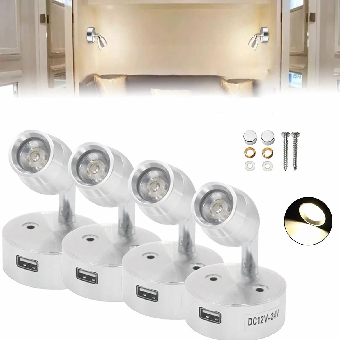 4 luces LED de 12 V para lectura de puntos interiores con puerto de alimentación USB, control táctil y cabezal ajustable para furgoneta, caravana, barco, RV, bombillas para coche (blanco cálido)