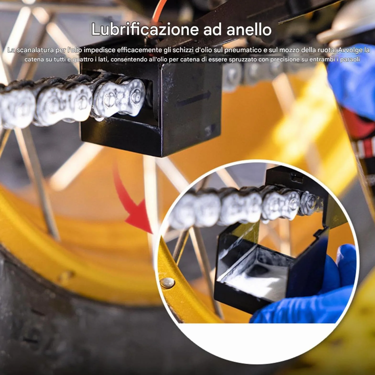 Engrasador de cadena para moto – Aplicador lubricante | Limpiador antisalpicaduras para cadena | Para bicicleta, ciclomotor, dos ruedas – Lubricación sin suciedad – Material policarbonato 18.5