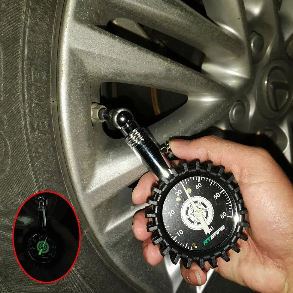 Manómetro de presión de neumáticos de 60 psi, brilla en la oscuridad, con tapas de válvulas de neumáticos, manómetro mecánico profesional para neumáticos compatible con motocicletas, coches, camione