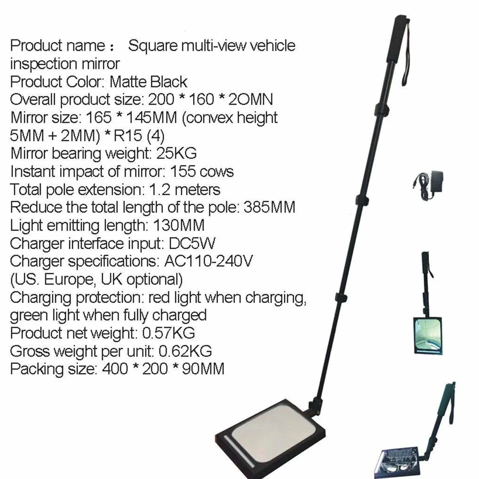 2 piezas de espejo de inspección de vehículos para el cuidado del hogar con luz LED, espejo de inspección de bajos con mango retráctil ajustable, equipo visual recargable para vehículos, para EE.