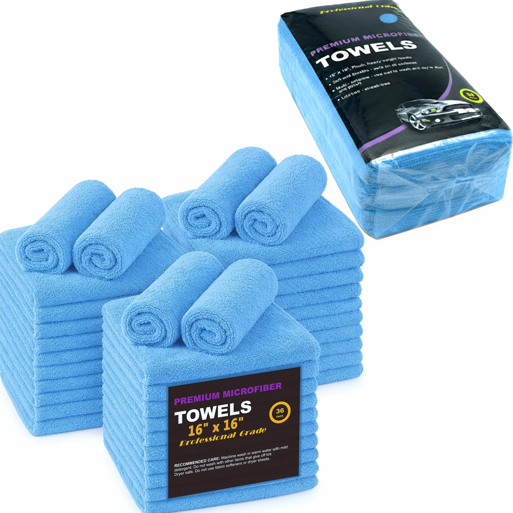 Toallas de limpieza grandes de microfibra, paquete de 36, trapo de felpa ultra suave, paños de limpieza de detalles de calidad profesional para coche, hogar y comercial (azul cielo, 16 x 16 pulgadas)