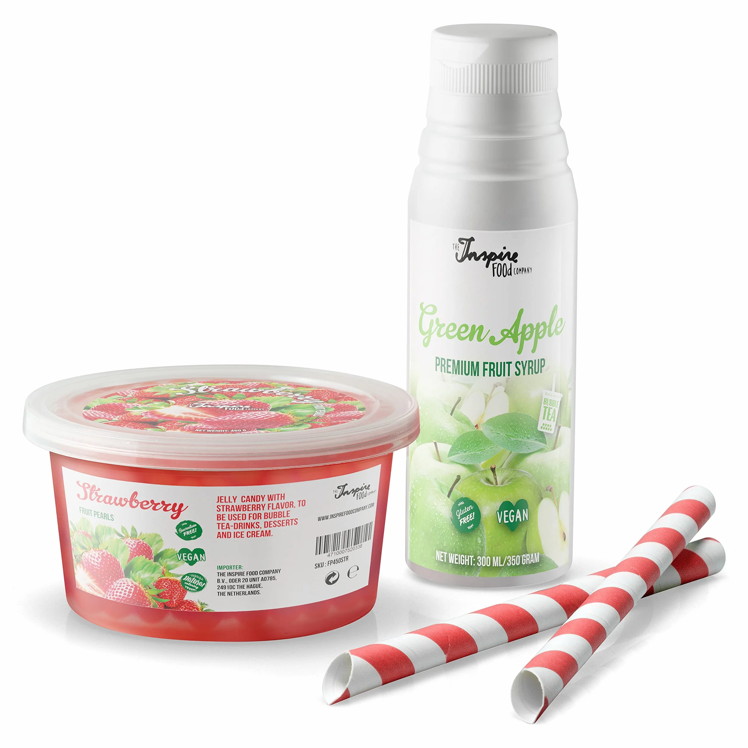 INSPIRE FOOD Bubble Tea Pearls Set - Strawberry Popping Boba 450g, Green Apple Syrup 300ml, 2 Straws