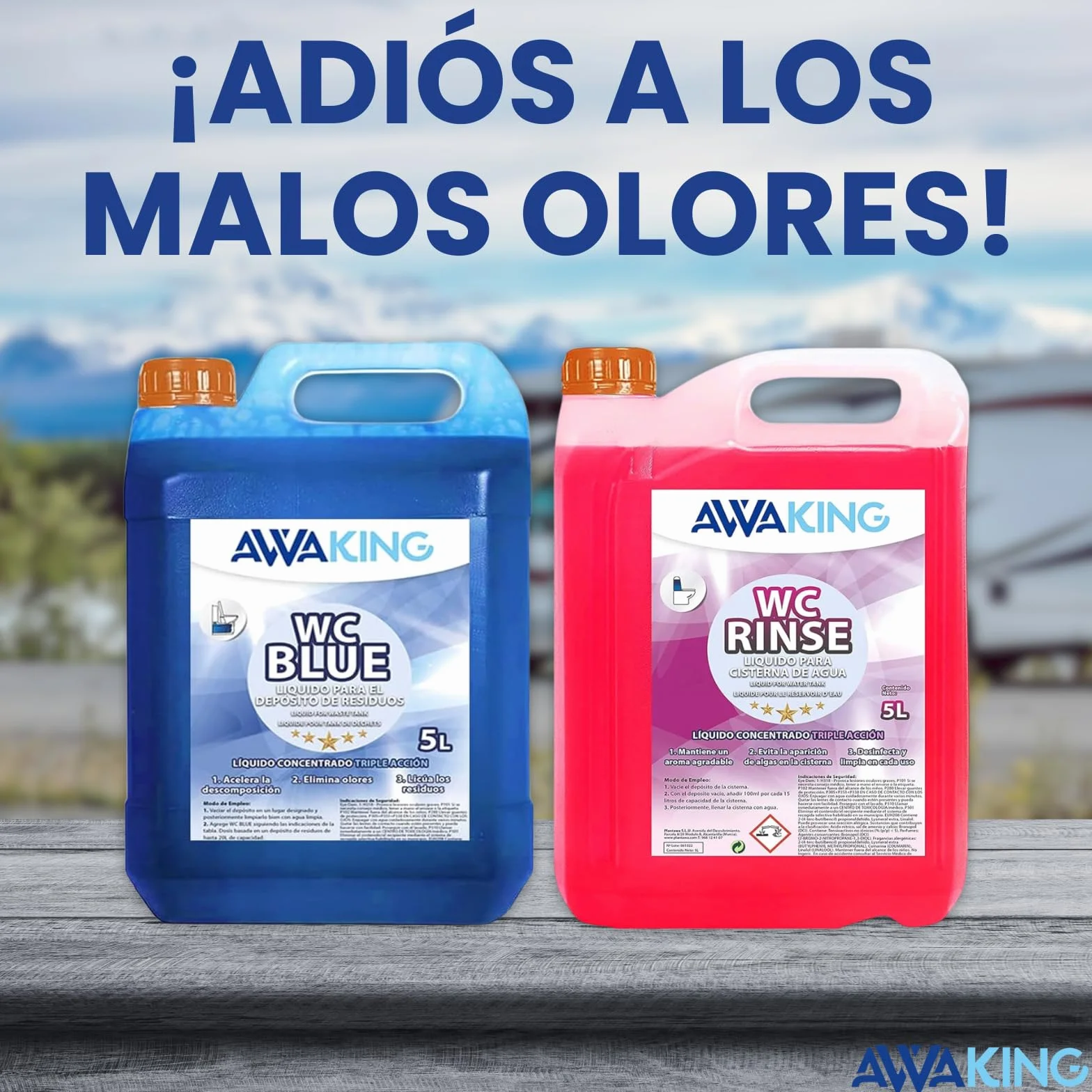Liquido WC Quimico Caravana WC Blue 5L + Rinse 5L,Liquido Autocaravanas Aditivo Aguas Negras + Concentrado Taza WC Cisterna,Caravanas,Depósito Residuos Autocaravanas,Sanitary Fluid,Líquido Potty