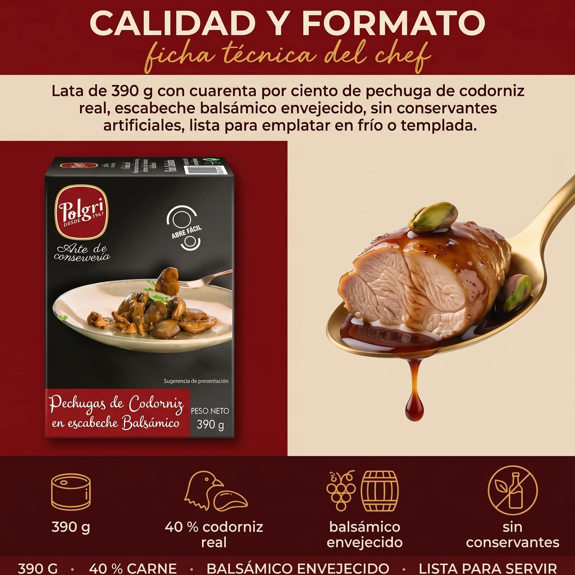 POLGRI Pechugas de Codorniz en Escabeche Balsamico Conserva Gourmet 390 g x 3 latas